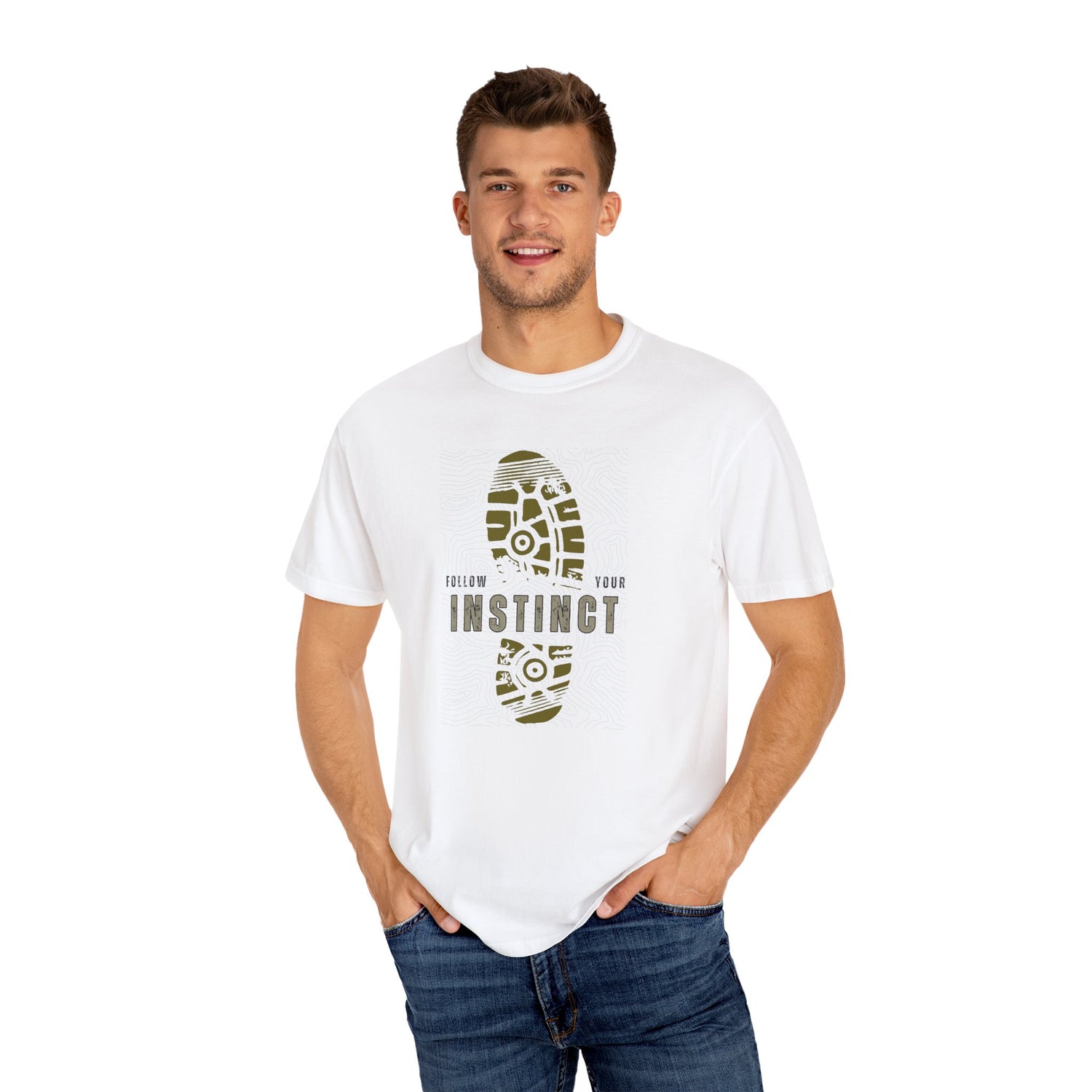 White Printify follow your instinct t-shirt with footprint graphic worn by smiling man