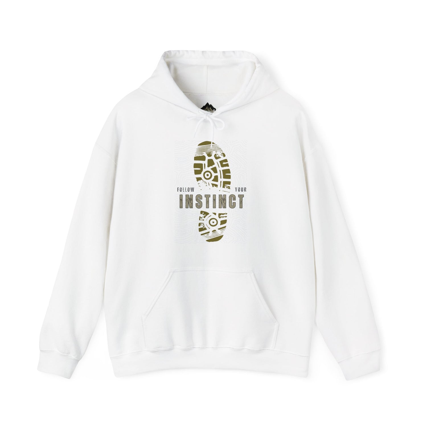 White Printify follow your instincts hoodie with boot print graphic and front pocket