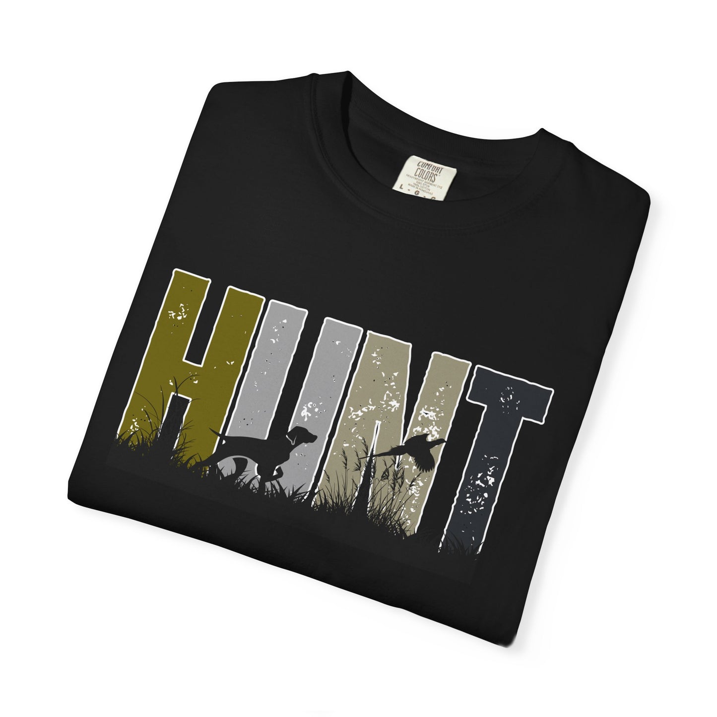 Black hunt pheasants t-shirt with bold multicolor lettering and pheasant silhouettes by Printify
