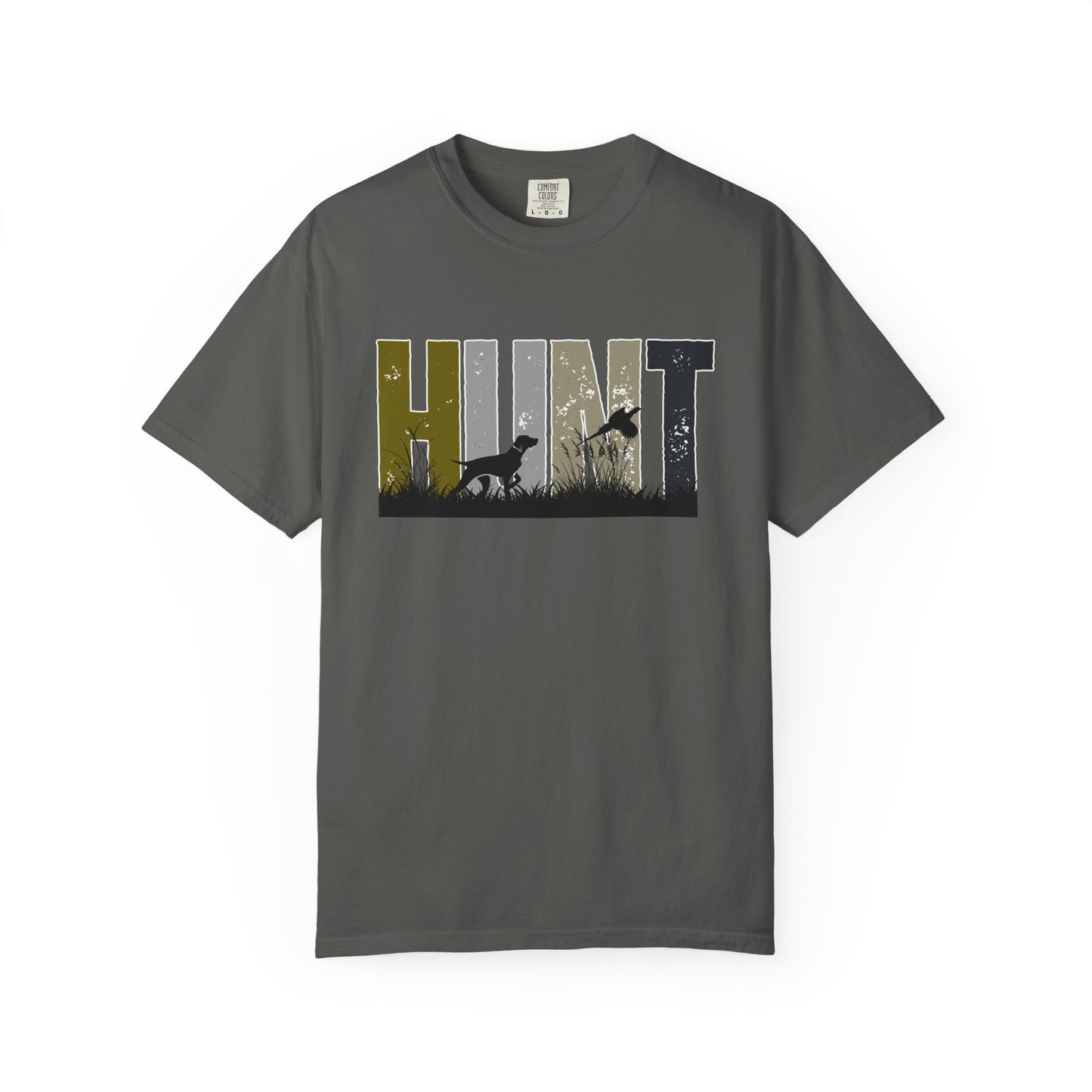 Gray Printify hunt pheasants t-shirt with graphic design of a dog and flying pheasant in grass