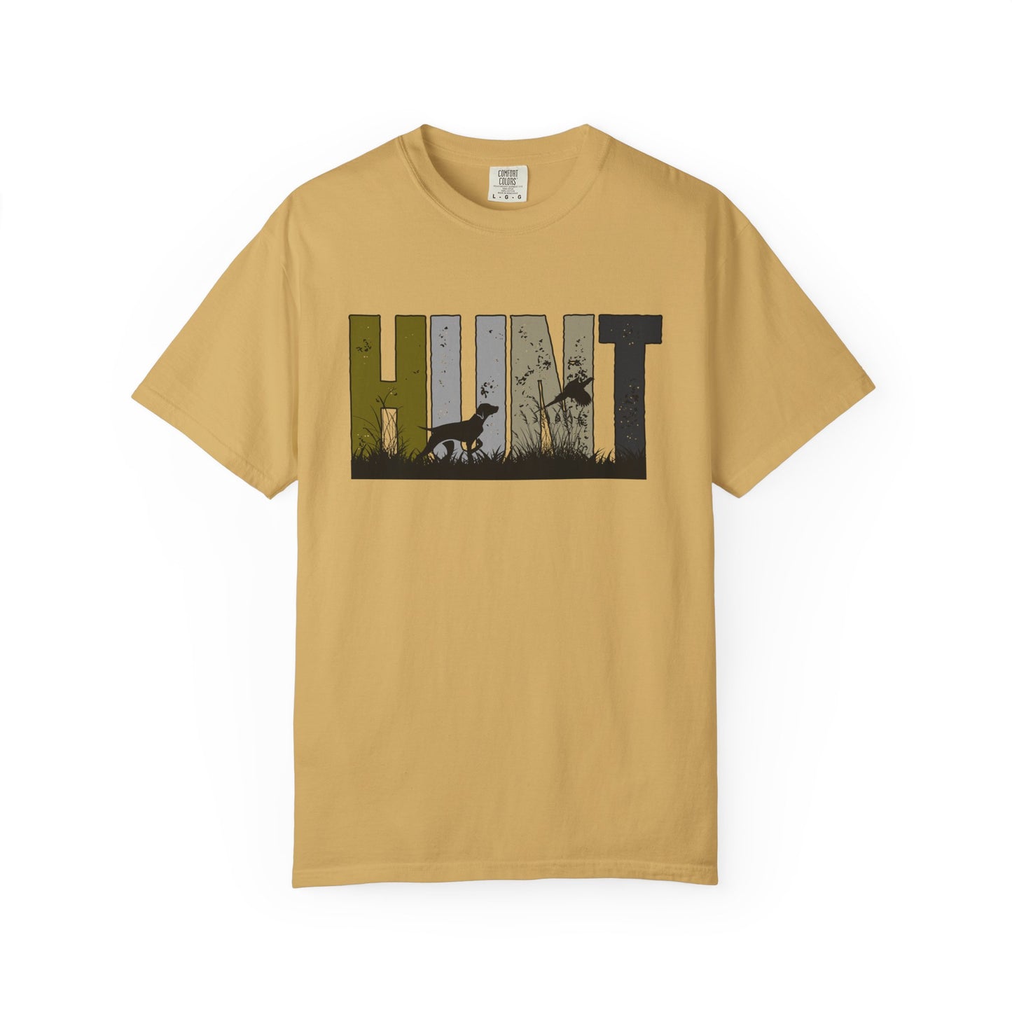Beige hunt pheasants t-shirt by Printify with silhouette design of dog and flying pheasant