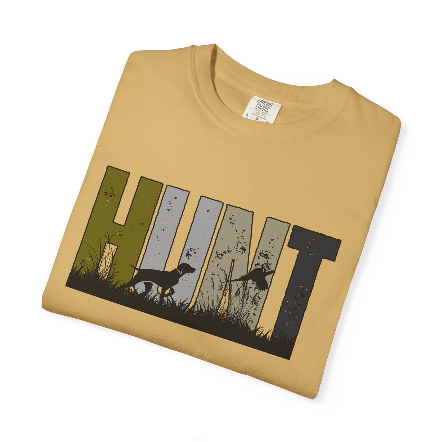 Printify hunt pheasants t-shirt in tan with graphic design featuring pheasants and the word HUNT