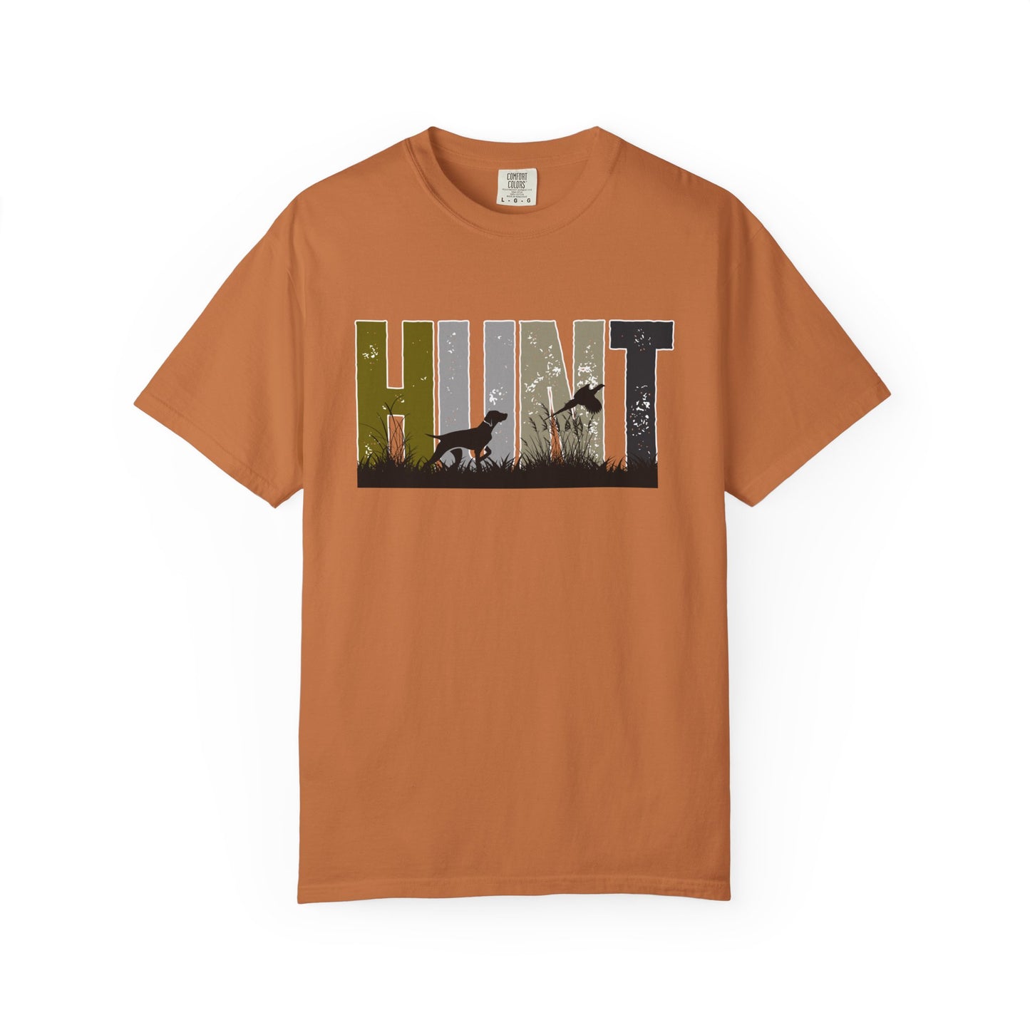 Brown Printify hunt pheasants t-shirt with graphic text and hunting dog silhouette design