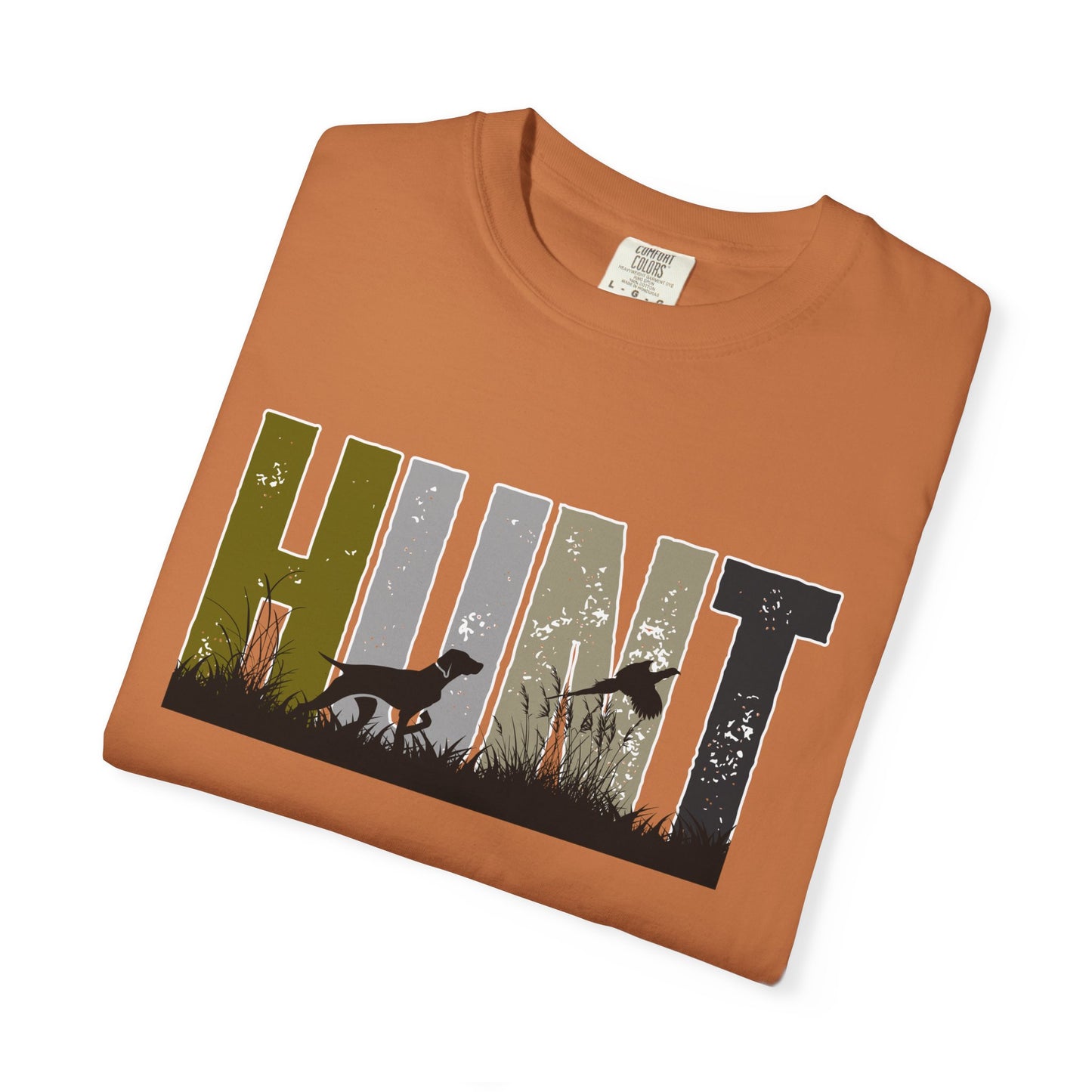 Brown hunt pheasants t-shirt by Printify featuring a hunting dog and pheasant graphic