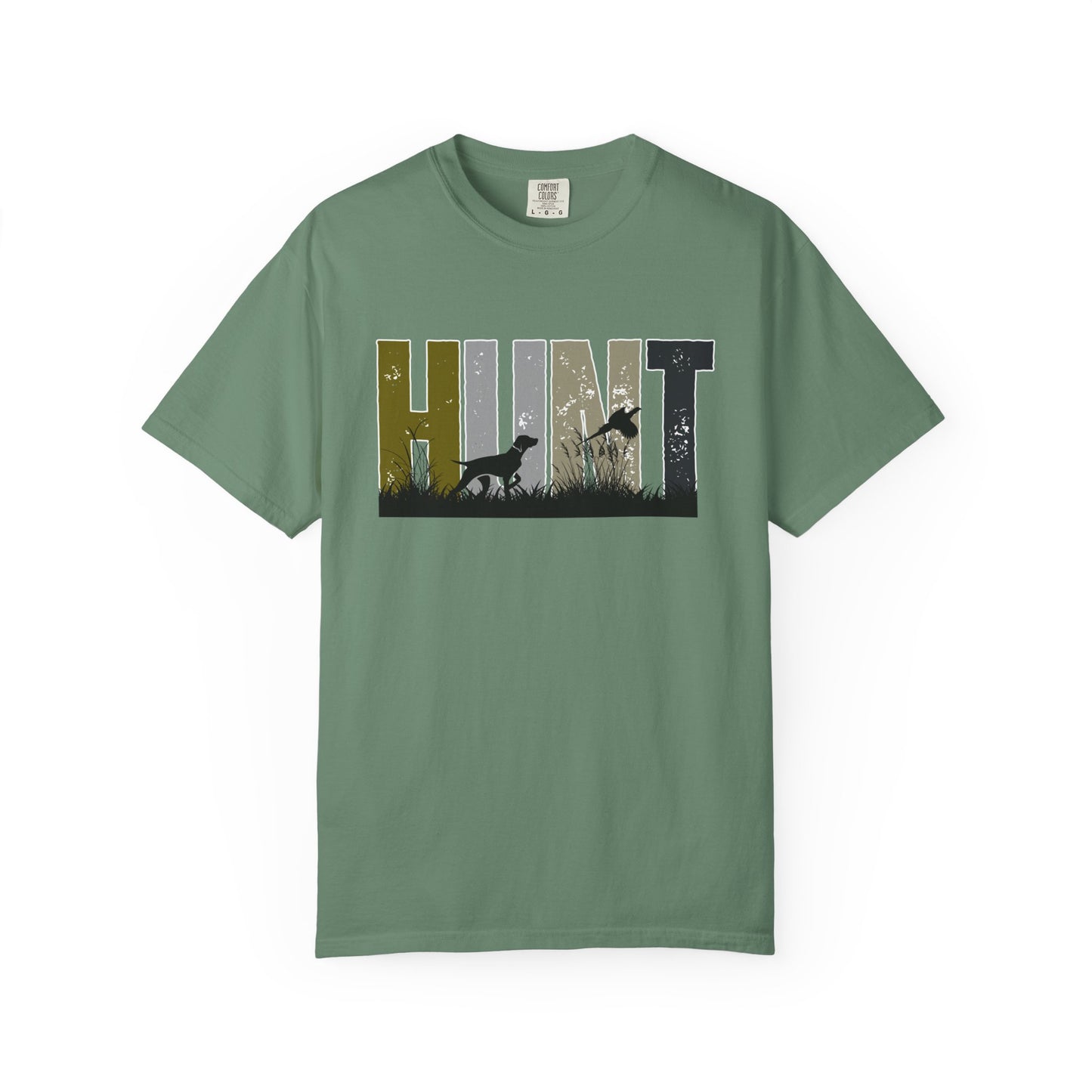 Green hunt pheasants t-shirt with graphic text and hunting dog silhouette from Printify