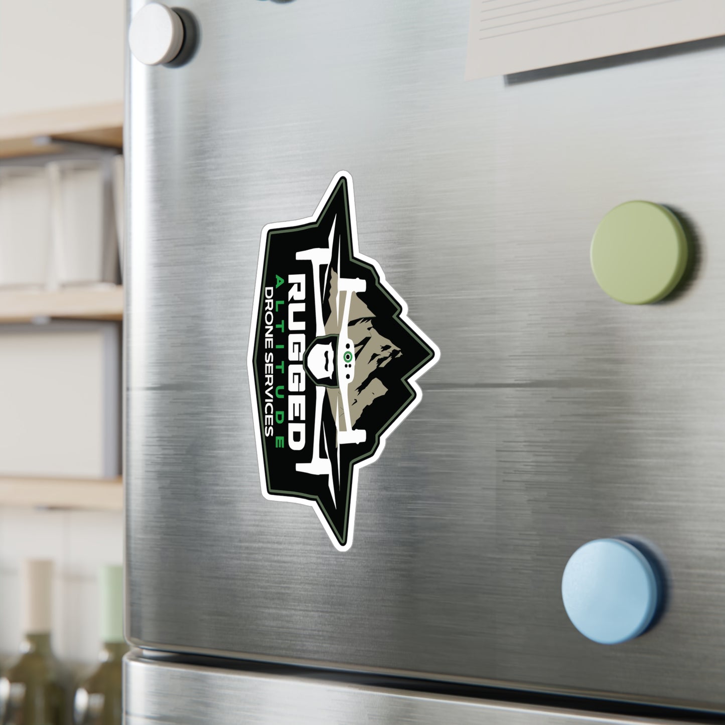 Drone service vinyl decals from Printify stuck on stainless steel refrigerator with colorful magnets