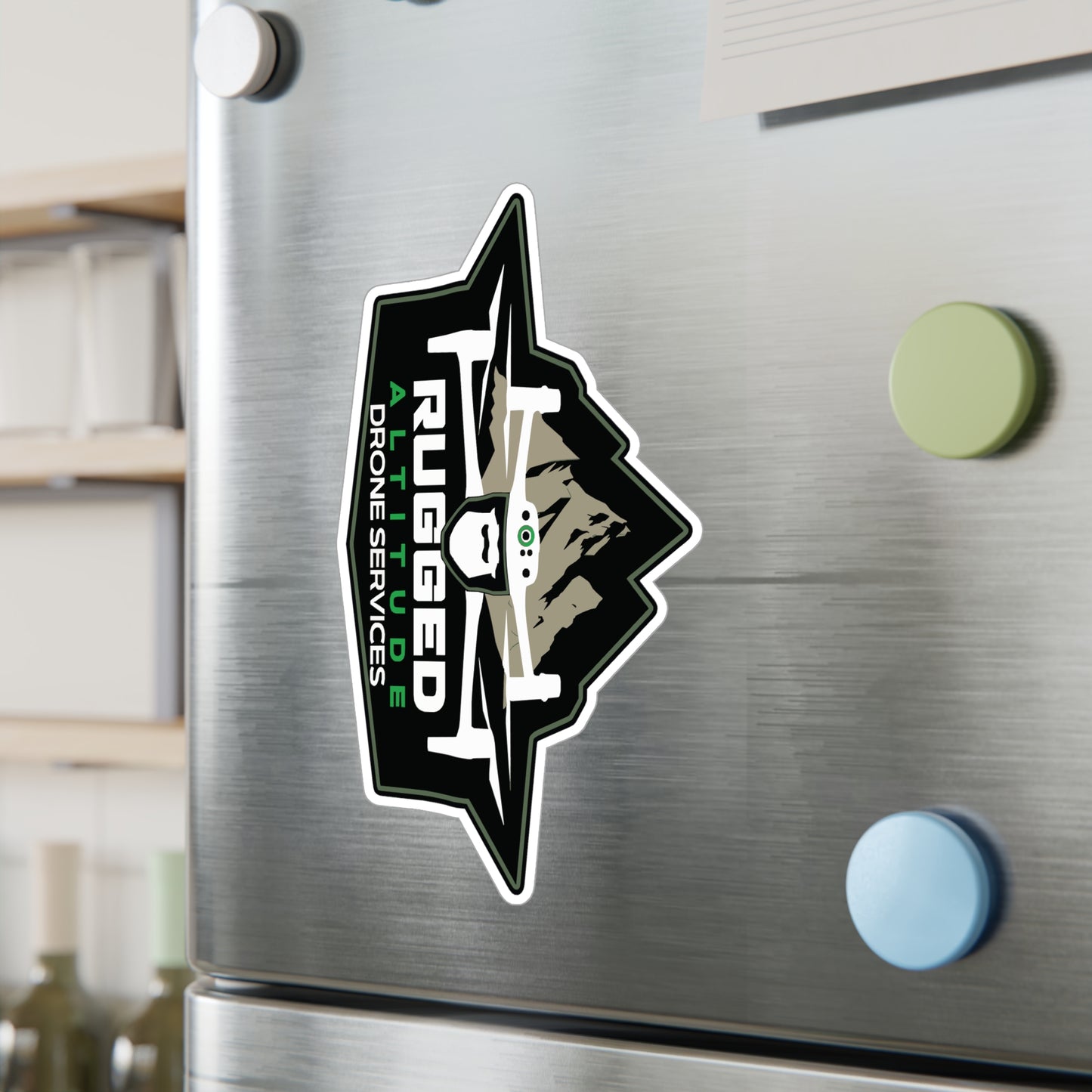 Printify drone service vinyl decals sticker on silver refrigerator with mountain and drone logo