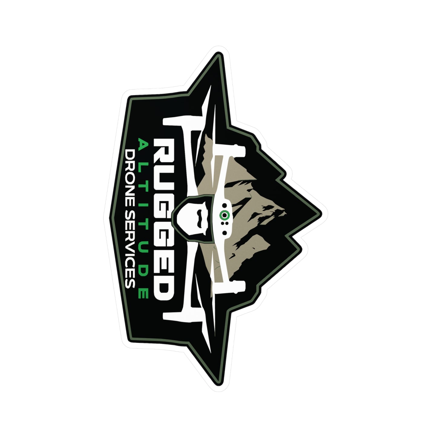 Rugged Altitude drone service vinyl decals featuring a drone silhouette with mountain background