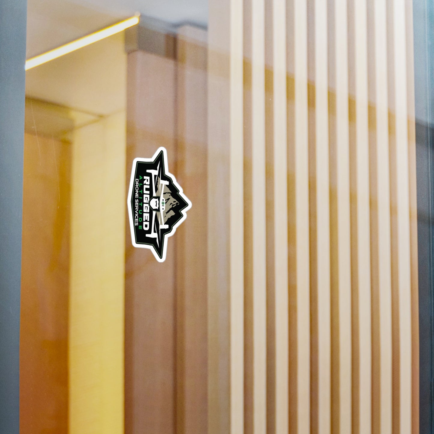 Printify drone service vinyl decals sticker on glass window with wooden blinds background