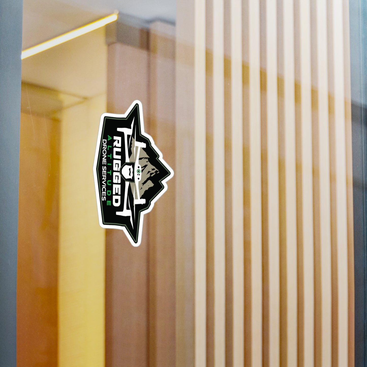 Printify drone service vinyl decals sticker with rugged drone logo on glass window