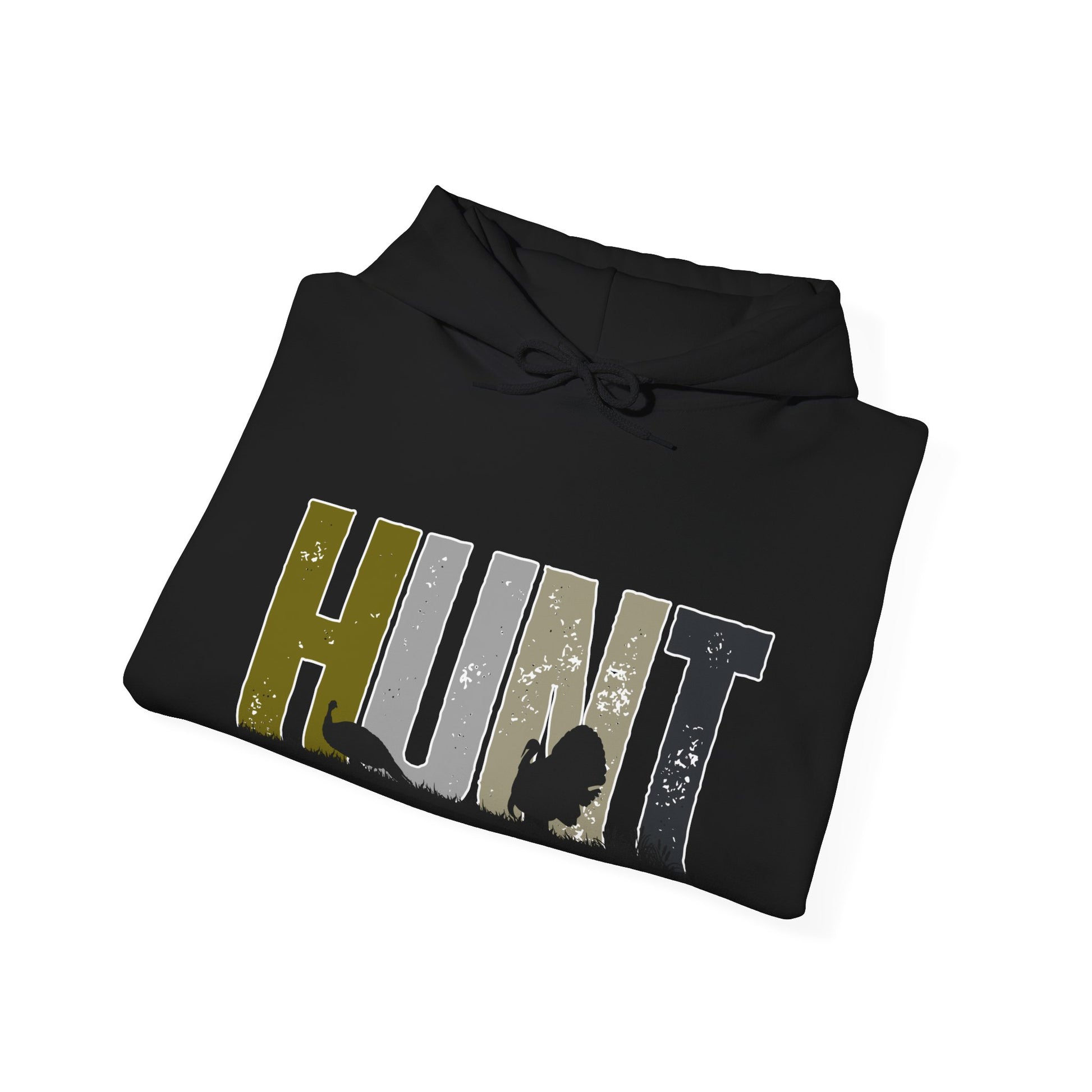 Black turkey hunting hoodie by Printify with large HUNT graphic and turkey silhouettes