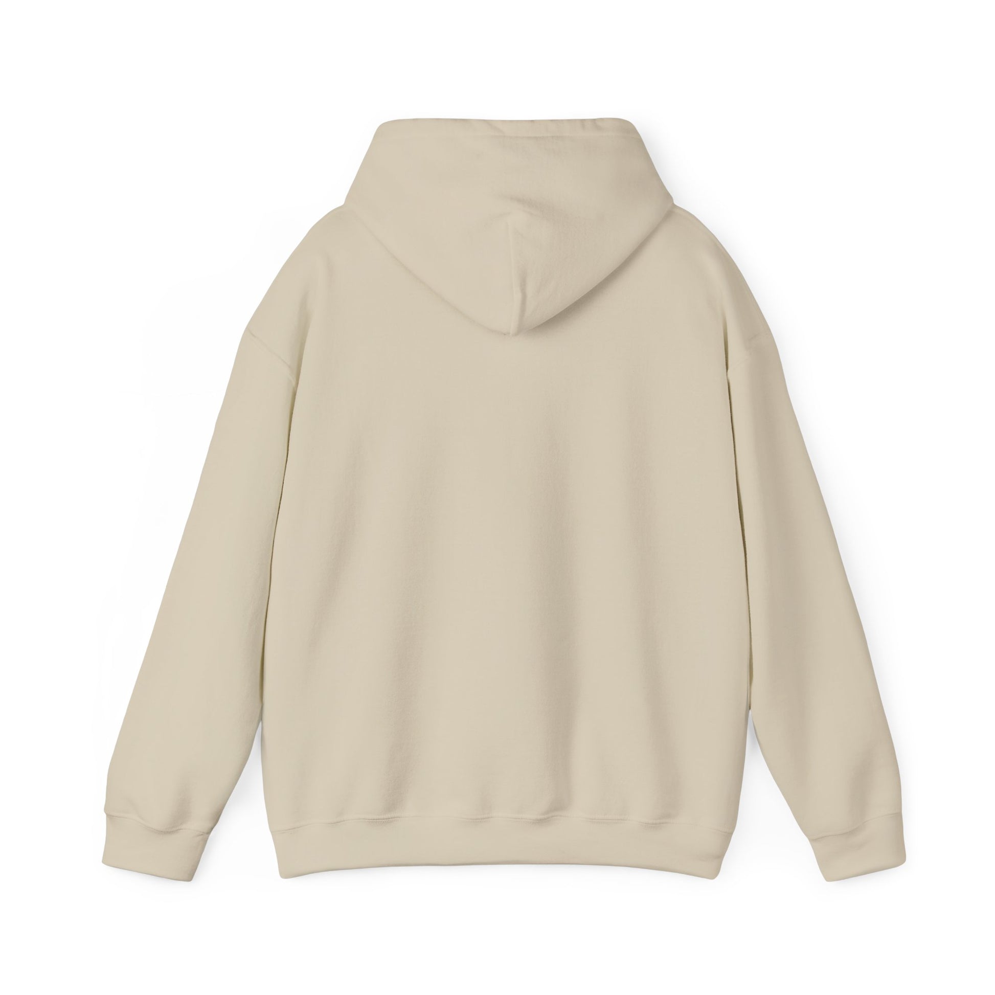 Beige Printify turkey hunting hoodie with hood and long sleeves shown from the back