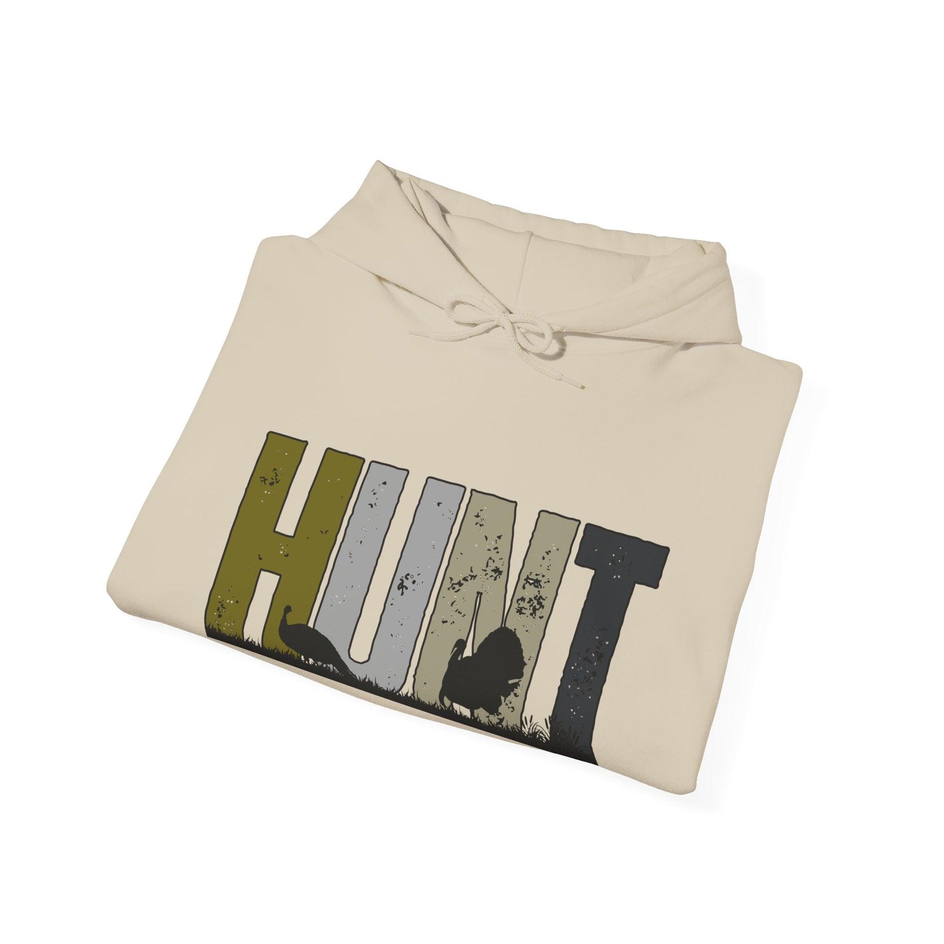 Printify beige turkey hunting hoodie with hunt text and turkey silhouettes graphic design