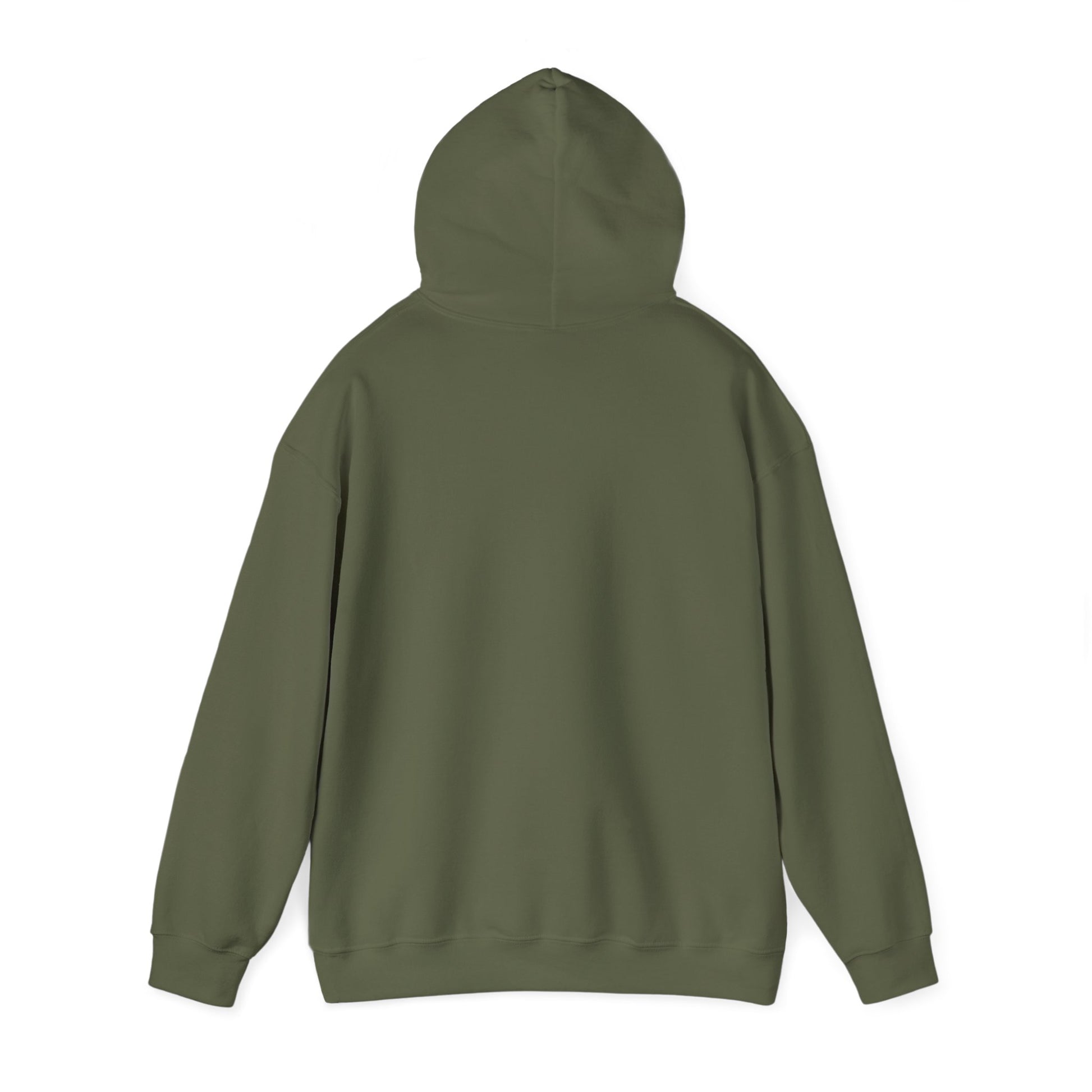 Olive green turkey hunting hoodie from Printify with a hood and long sleeves shown from back
