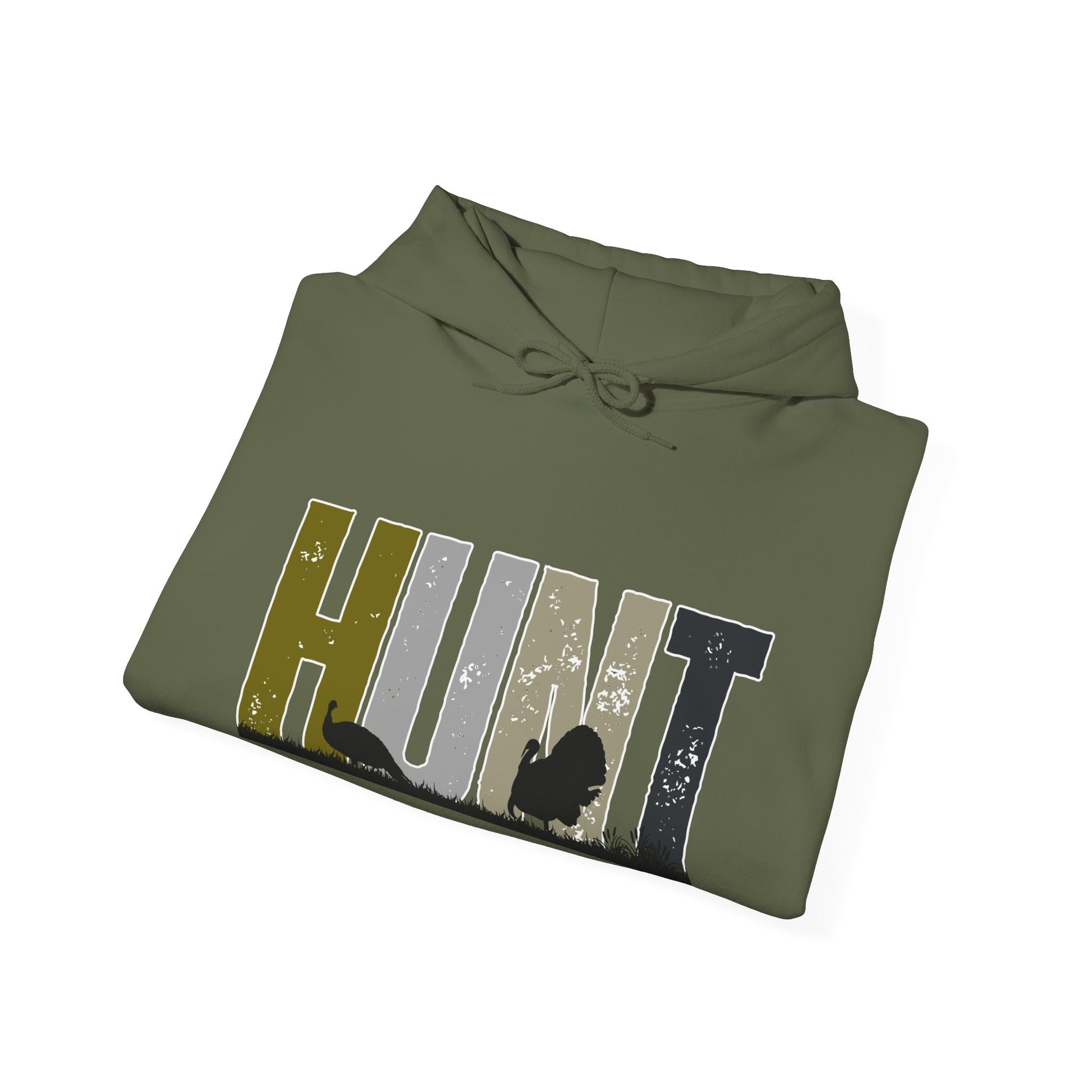 Olive green turkey hunting hoodie with HUNT graphic and turkey silhouettes by Printify