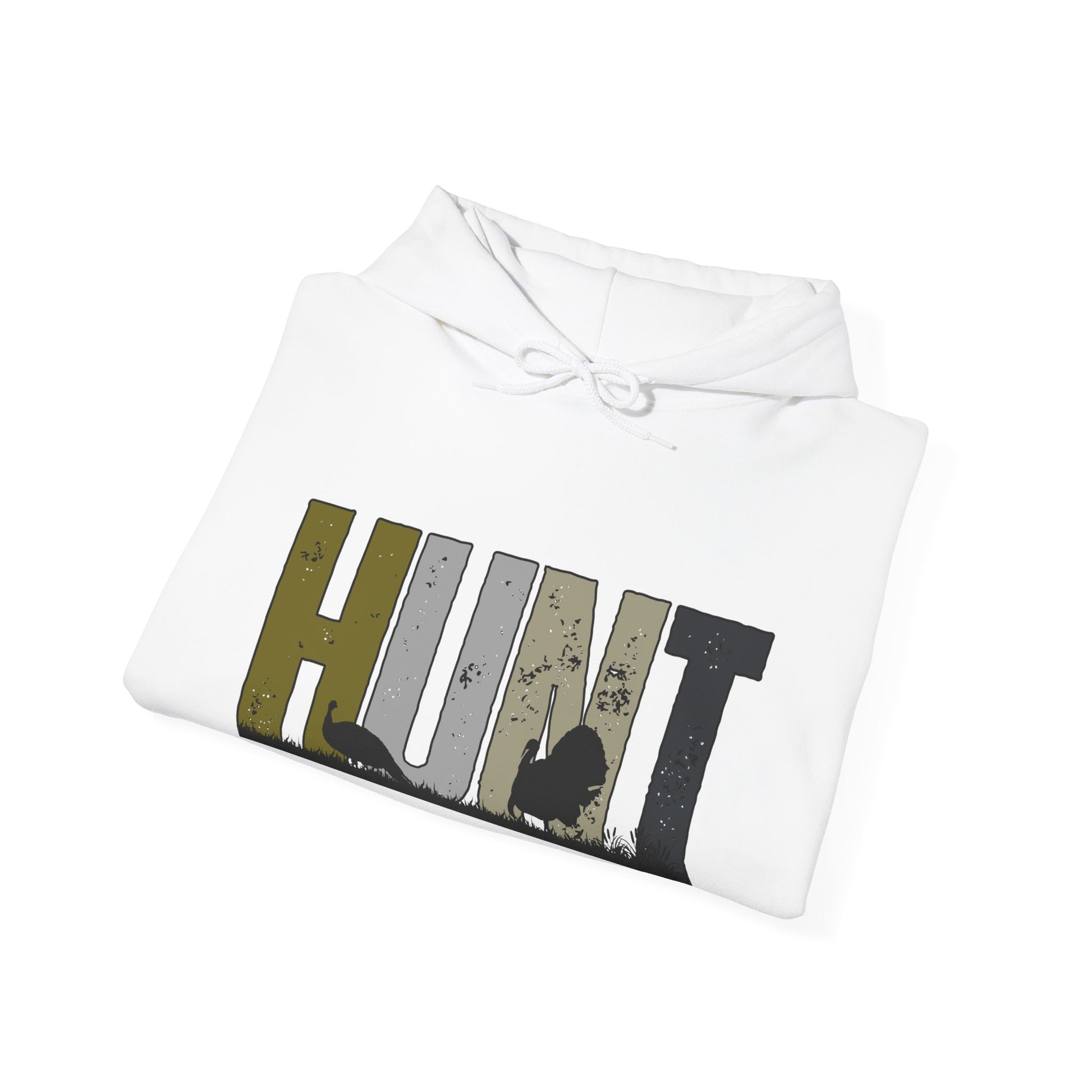 White Printify hoodie with HUNT graphic and turkey silhouettes perfect turkey hunting hoodie
