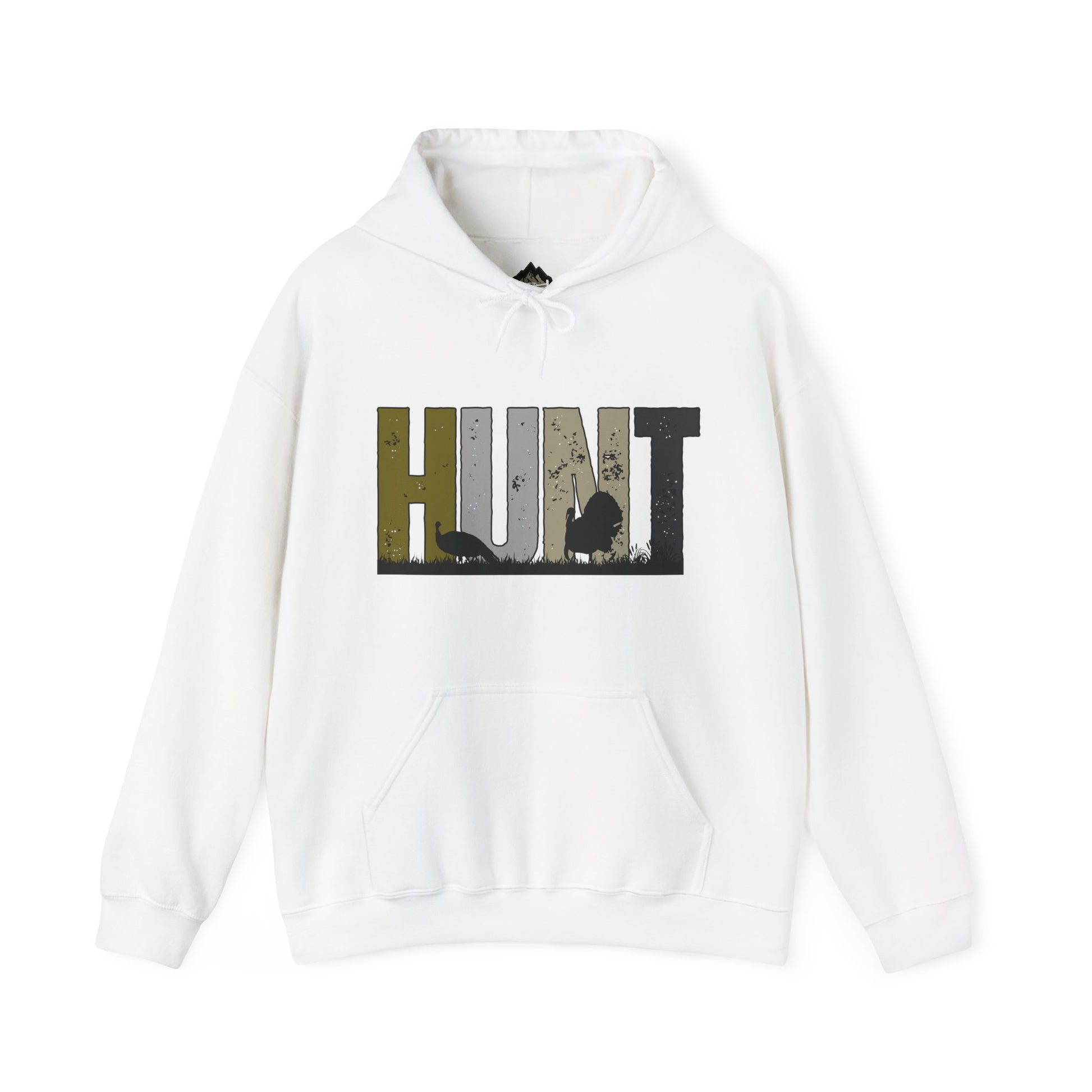 White Printify hoodie with HUNT graphic and turkey silhouette, perfect turkey hunting hoodie