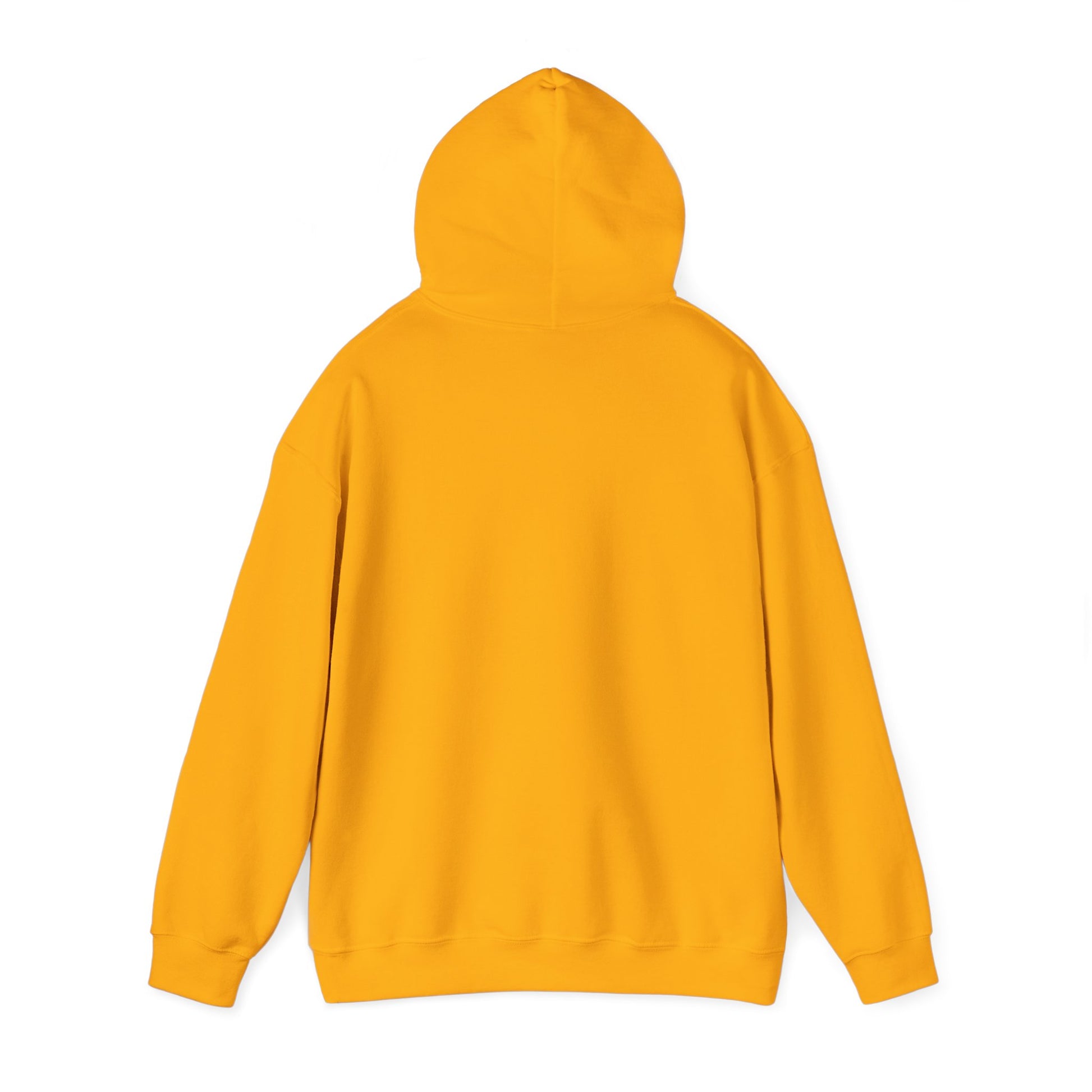 Back view of yellow Printify turkey hunting hoodie with hood and long sleeves