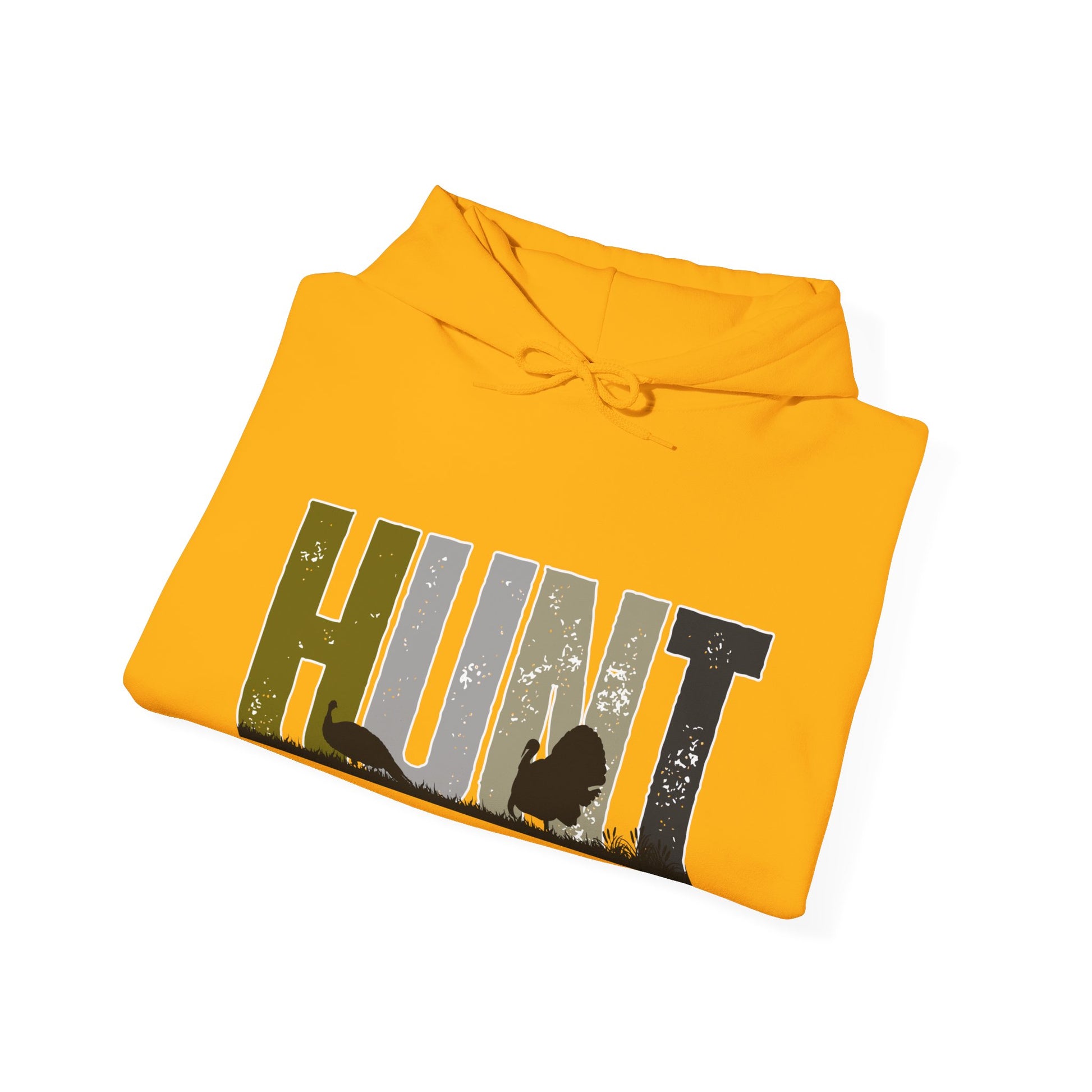 Yellow Printify turkey hunting hoodie with bold HUNT text and turkey silhouettes graphic