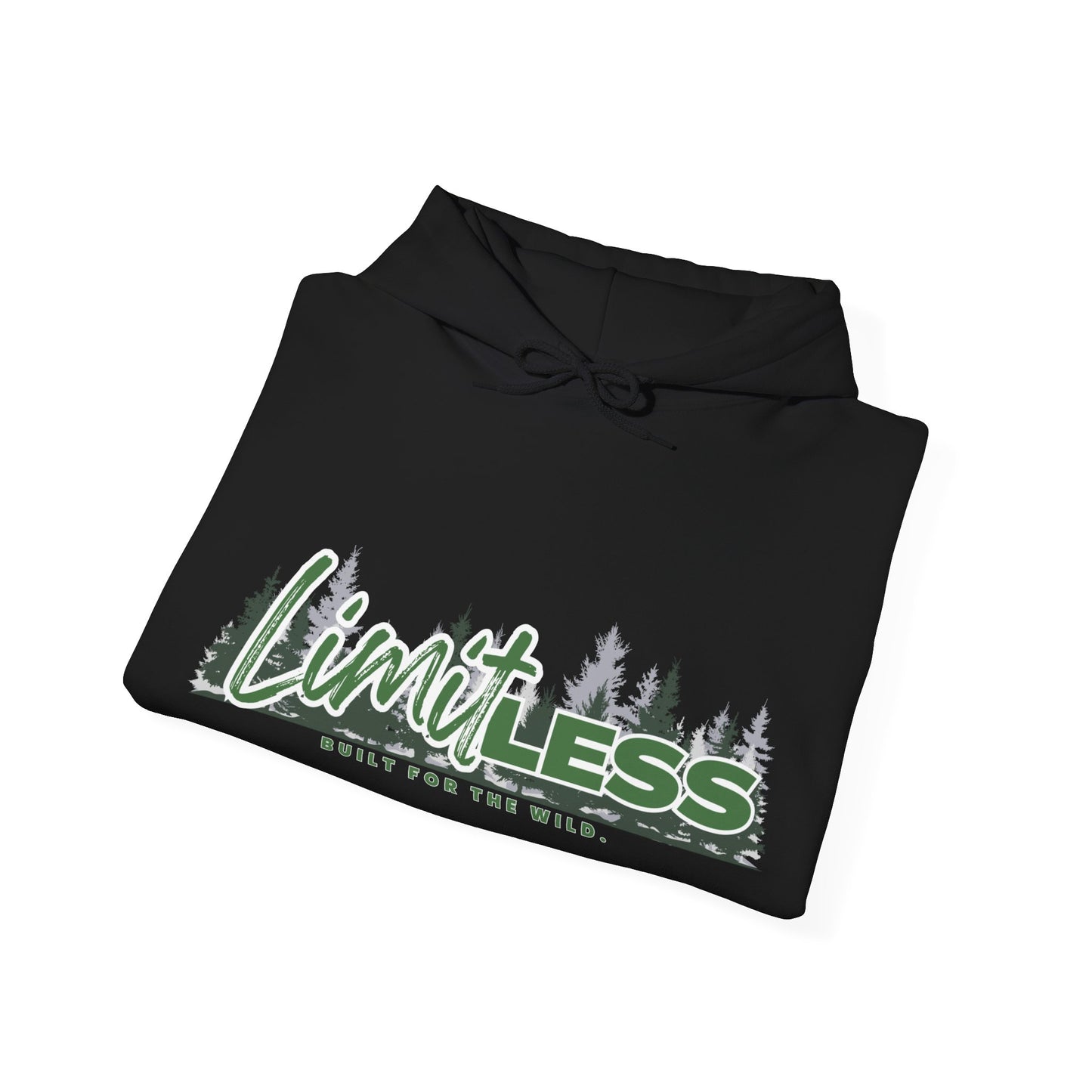 Folded black RA Limitless hoodie with forest design and built for the wild text by Printify