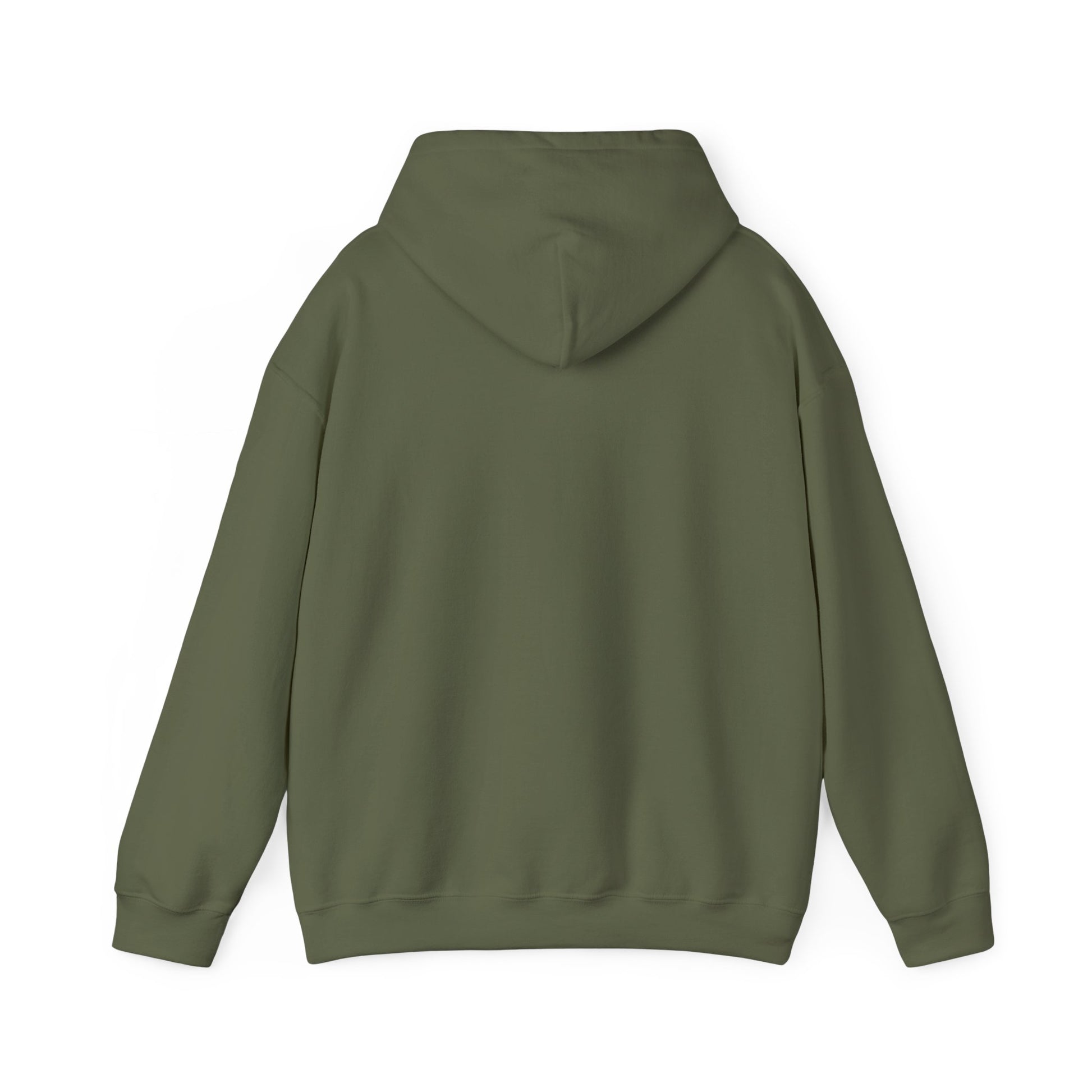 Back view of olive green RA Limitless hoodie down by Printify with long sleeves and hood