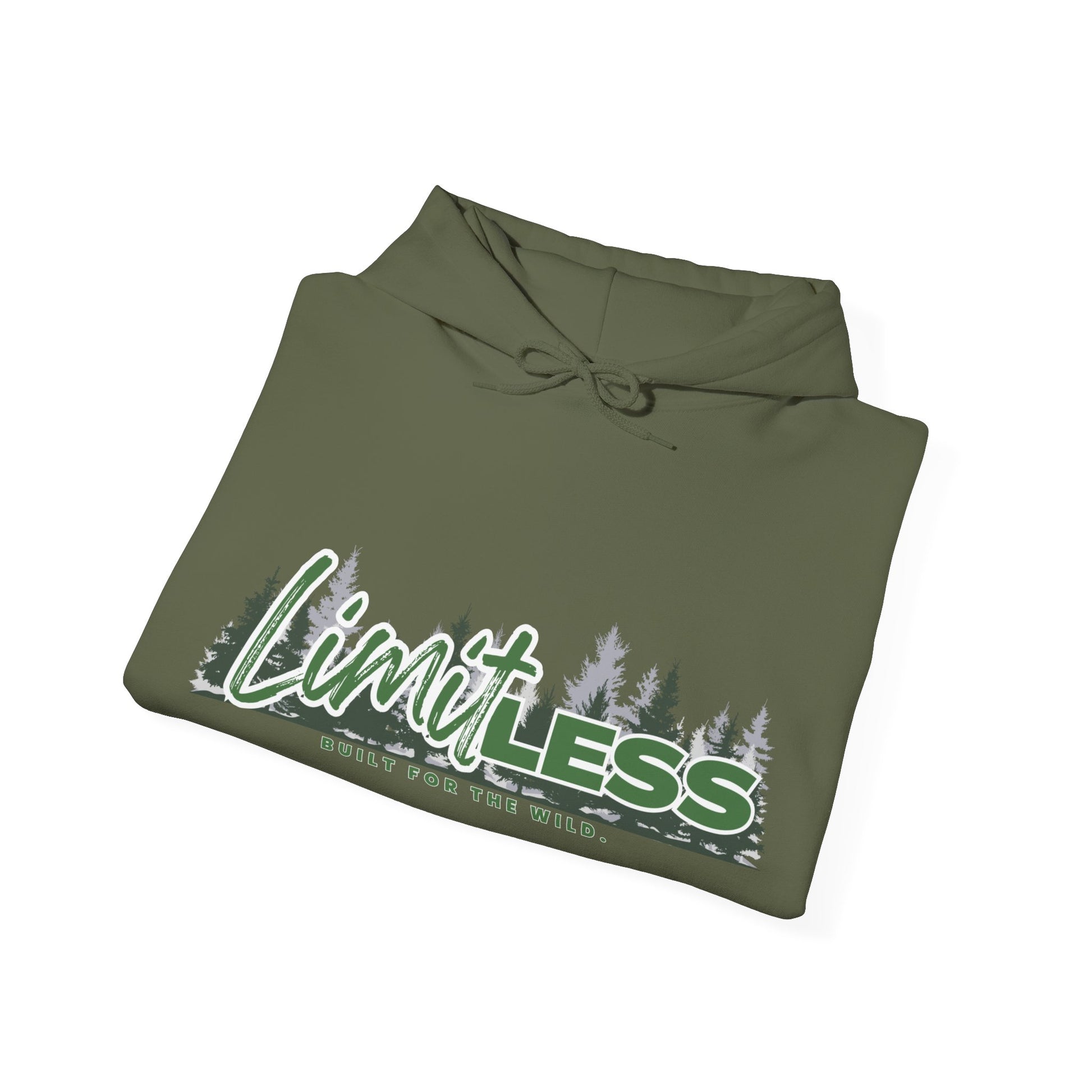 Folded olive green RA Limitless hoodie with forest graphic and drawstring hood by Printify
