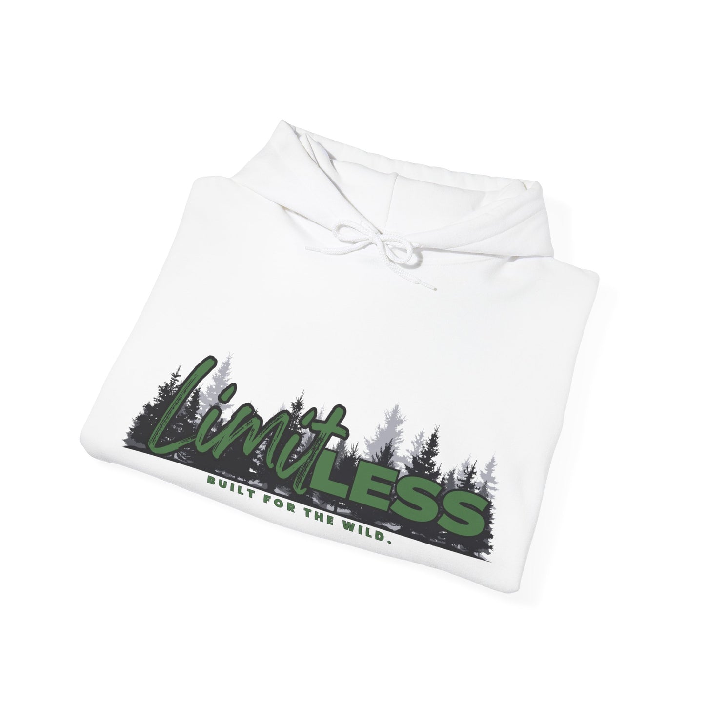 White RA Limitless hoodie with green and black forest design and drawstring hood from Printify