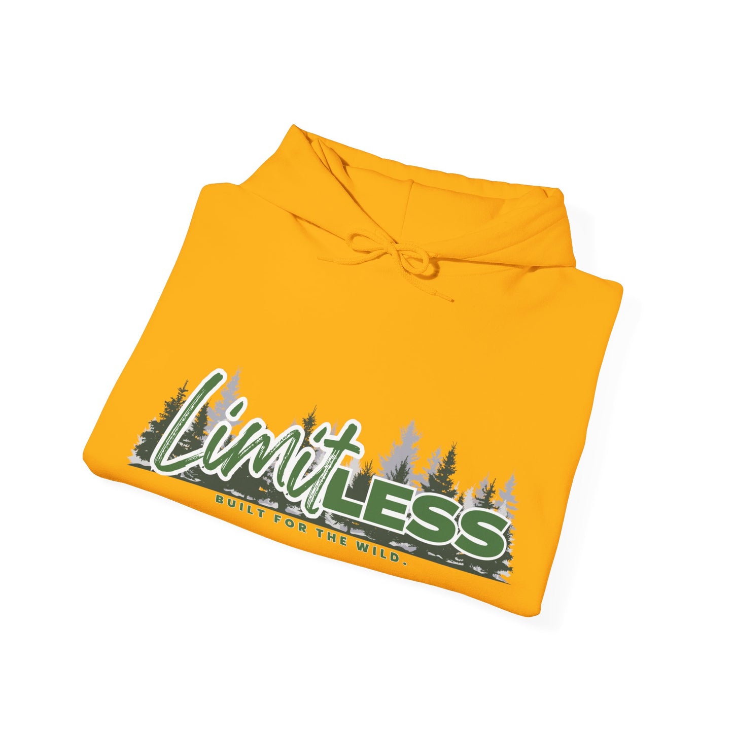 Folded yellow RA Limitless hoodie with green forest graphic and Limitless text printed on front