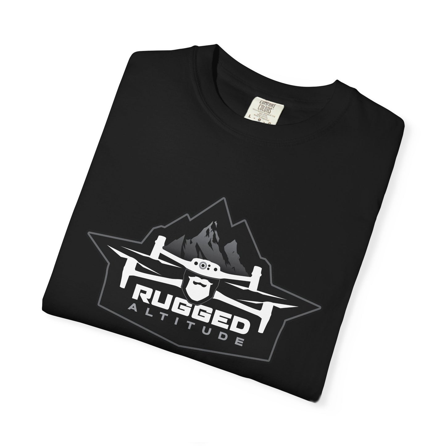Black Printify T-shirt with rugged altitude drone logo for deer recovery services