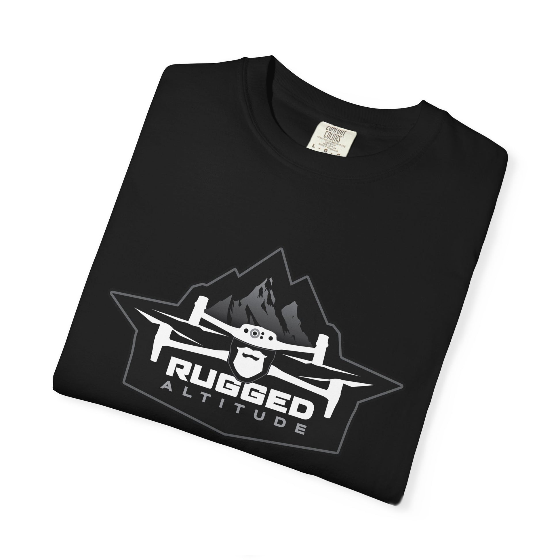 Black Printify T-shirt with rugged altitude drone logo for deer recovery services