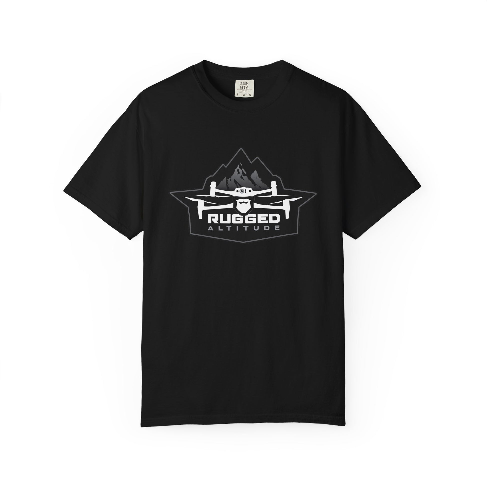 Black Printify T-shirt with rugged altitude drone graphic for deer recovery services