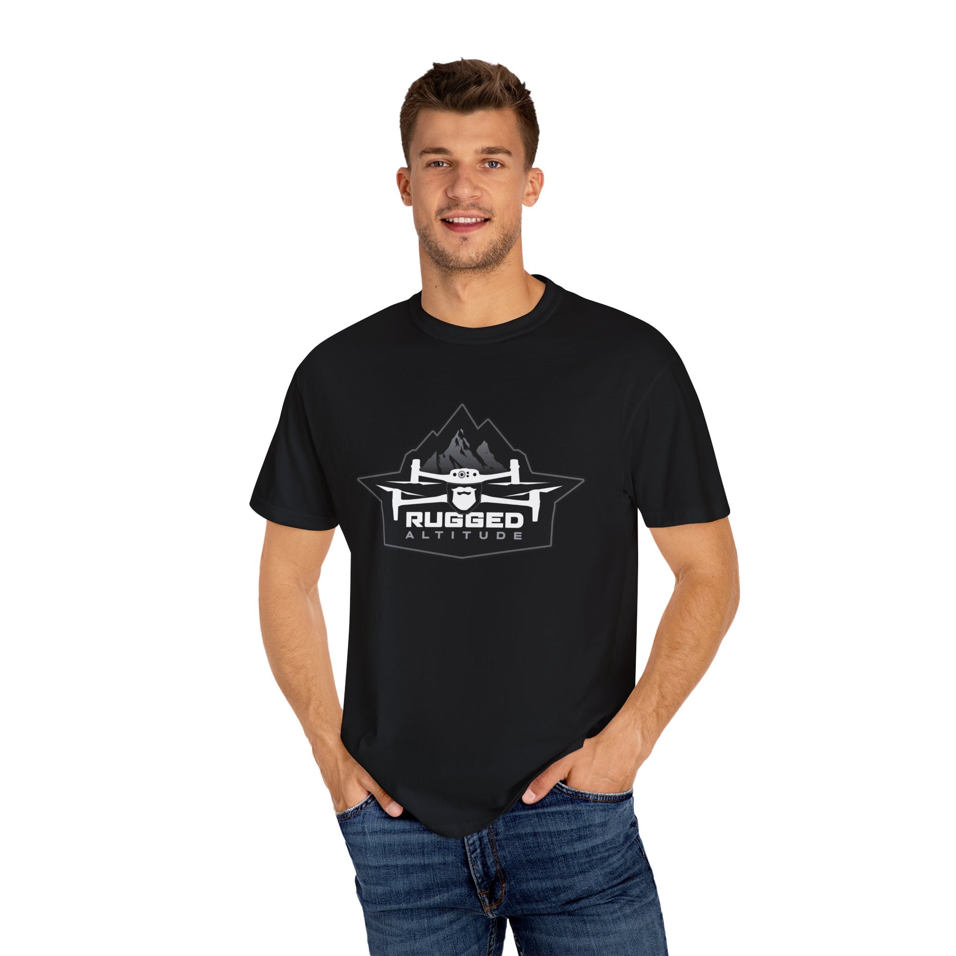 Black Printify T-shirt featuring Rugged Altitude logo for deer recovery services with a mountain and drone graphic