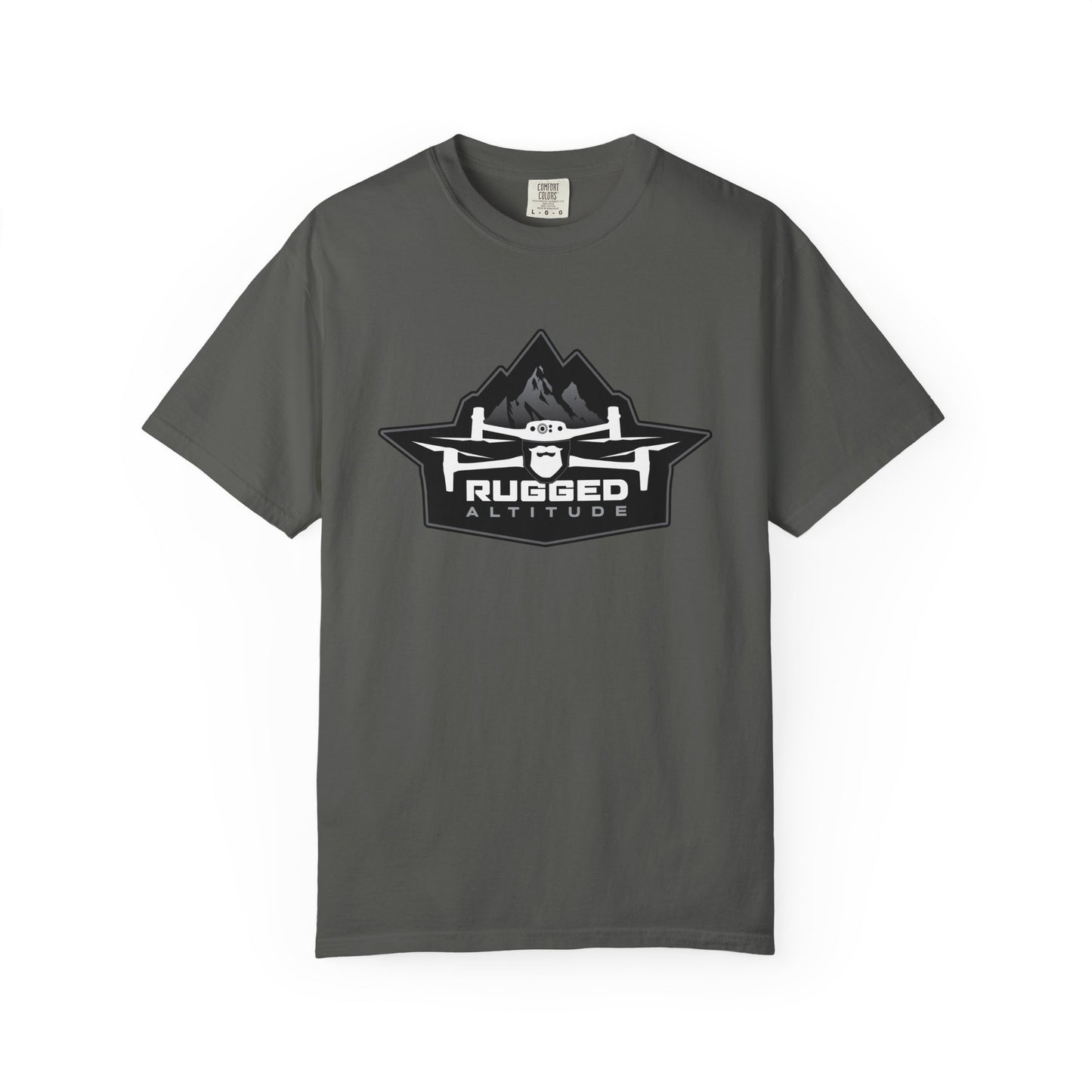 Gray Printify T-shirt with rugged altitude drone logo for deer recovery services