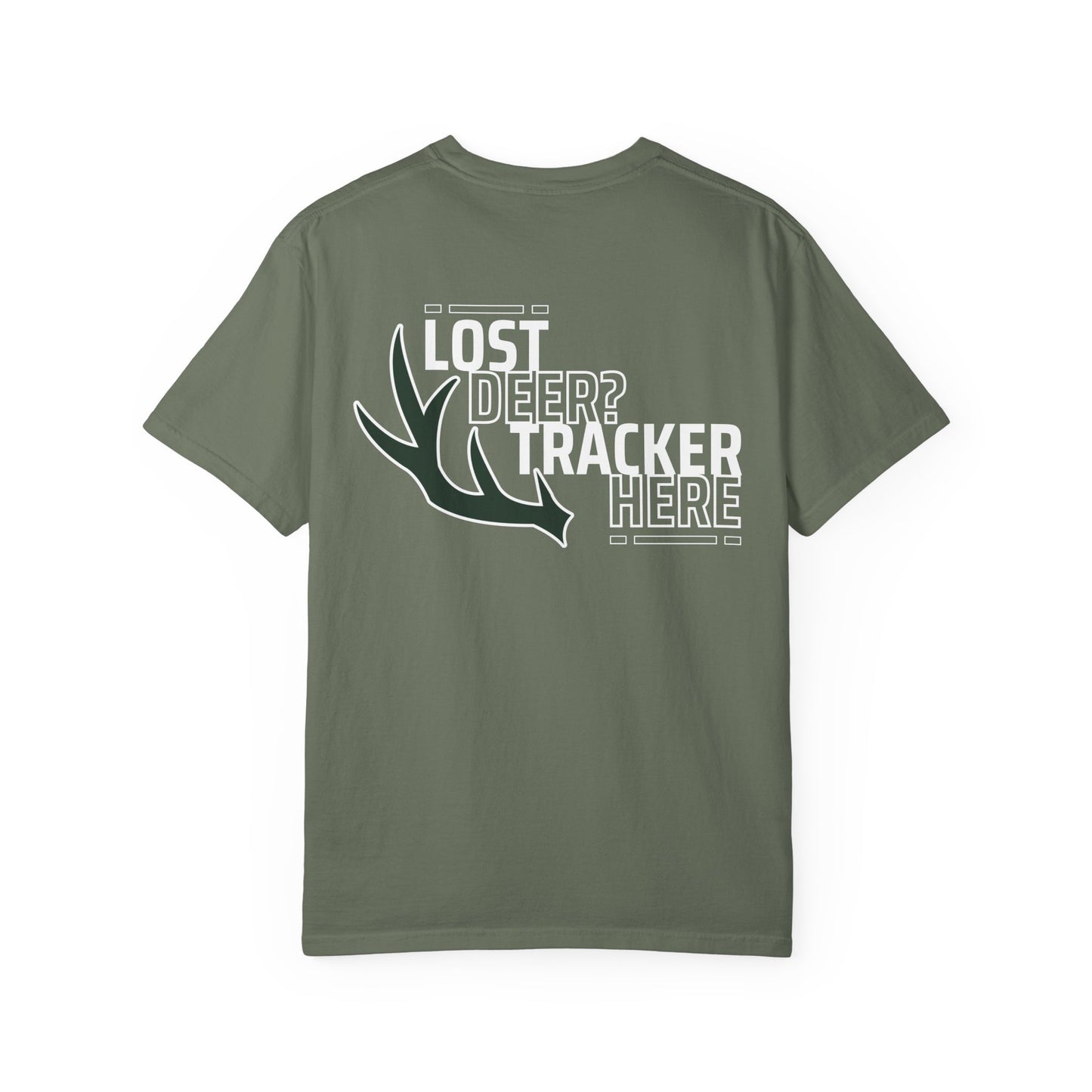Olive green Printify T-shirt with white deer antler graphic and lost deer tracker text for deer recovery services