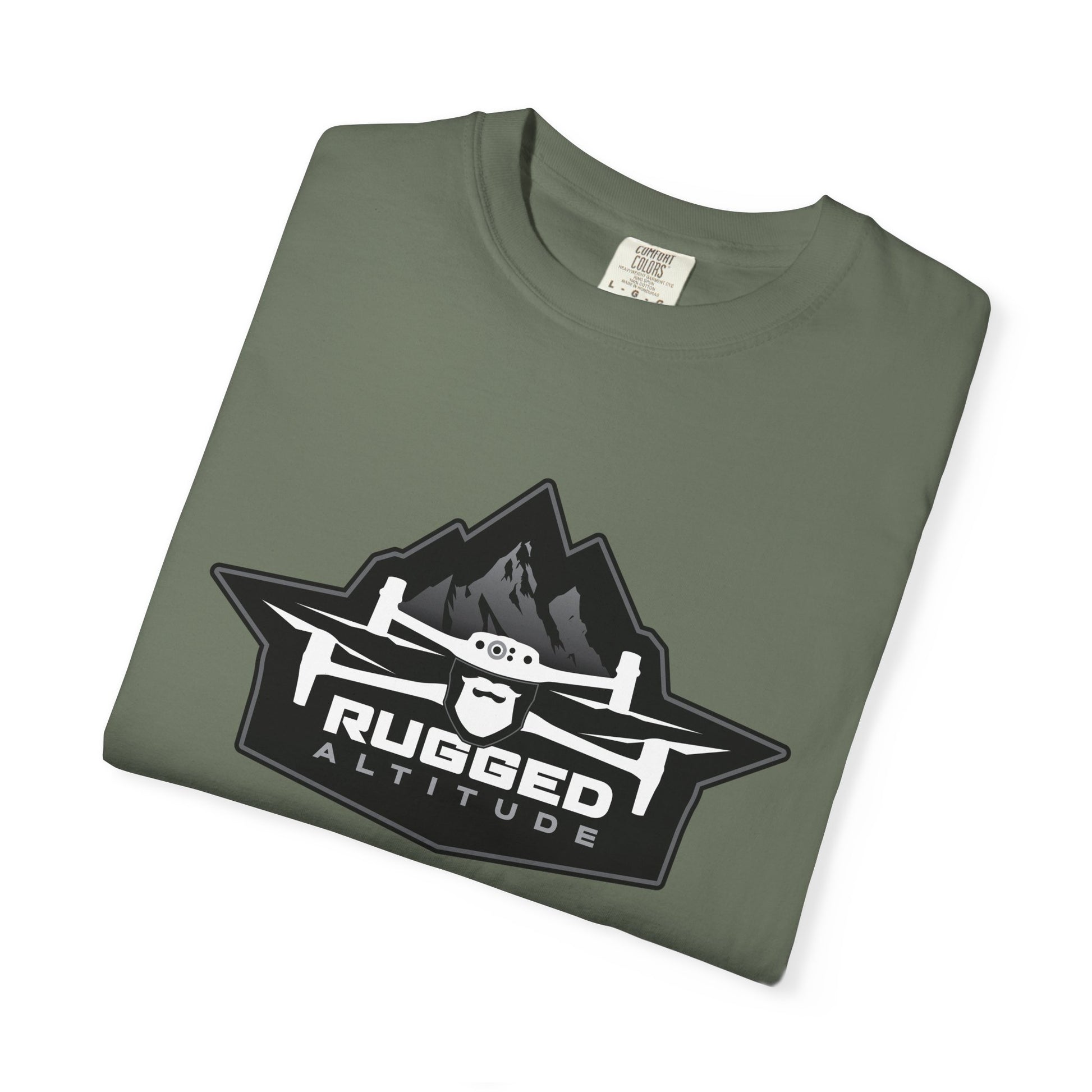 Olive green Printify t-shirt with rugged altitude drone logo for deer recovery services