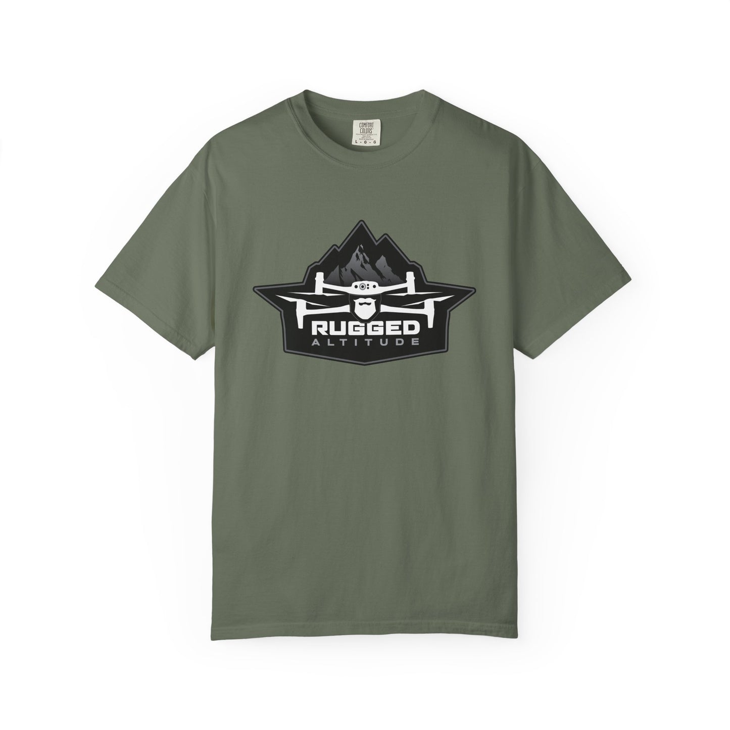 Printify olive green T-shirt with rugged altitude drone logo for deer recovery services