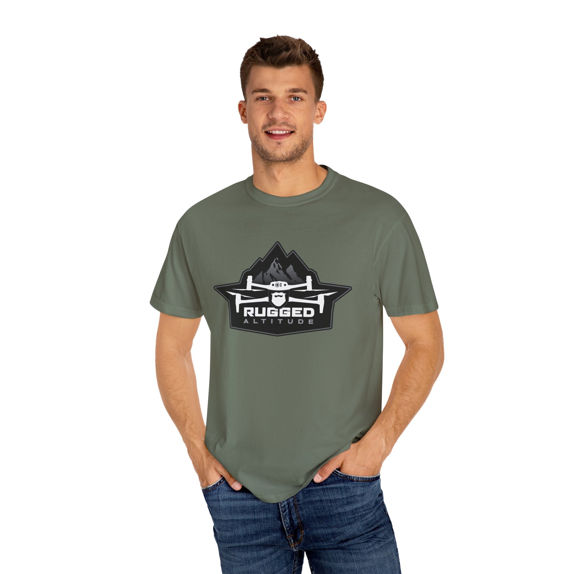 Printify green t-shirt featuring rugged mountain design for deer recovery services