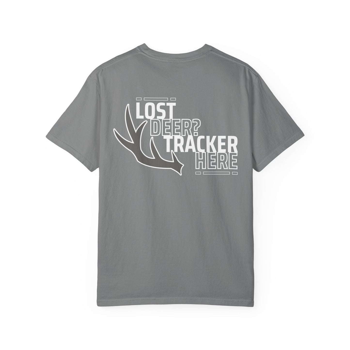 Gray Printify T-Shirt with white deer antler graphic and text about deer recovery services