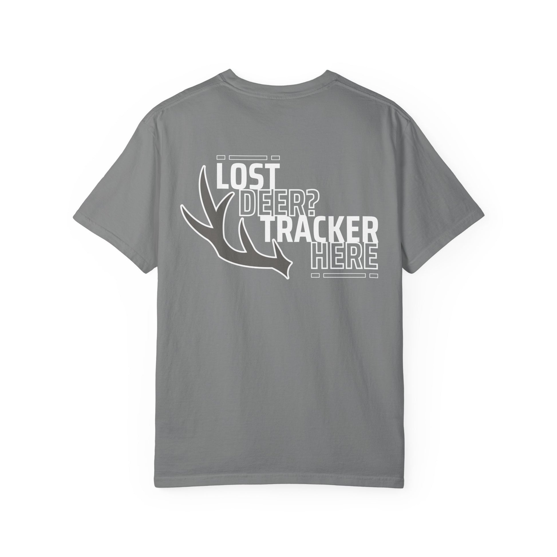 Gray Printify T-Shirt with white deer antler graphic and text about deer recovery services