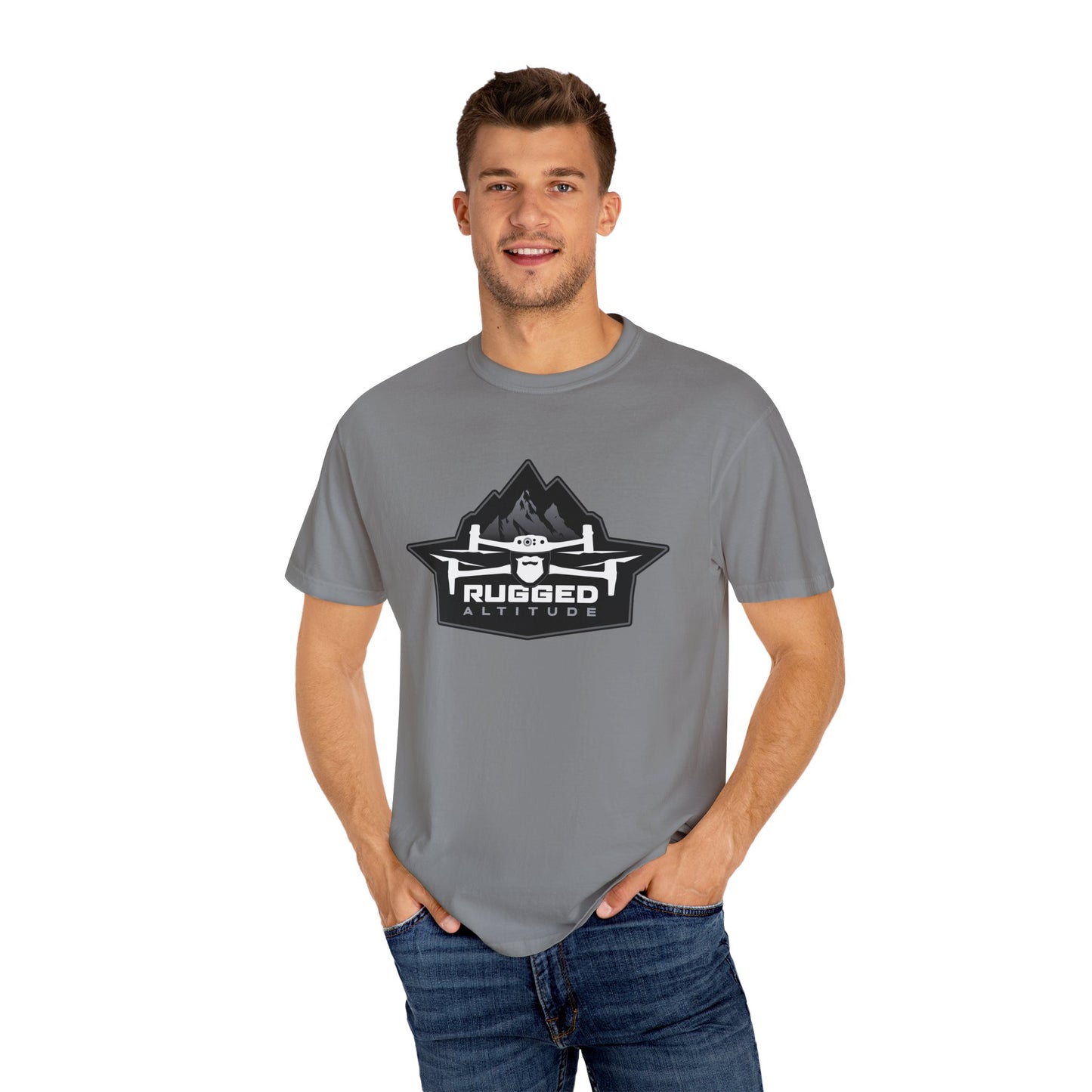 Gray Printify T-shirt featuring Rugged Altitude design for deer recovery services