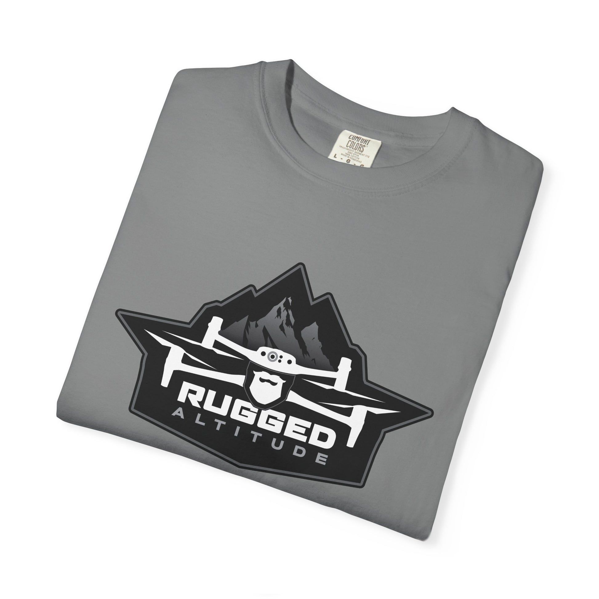 Gray printed t-shirt from Printify featuring drone graphic and rugged altitude design for deer recovery services