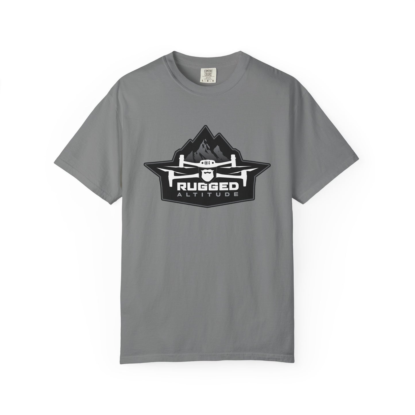 Gray Printify t-shirt with Rugged Altitude drone logo for deer recovery services