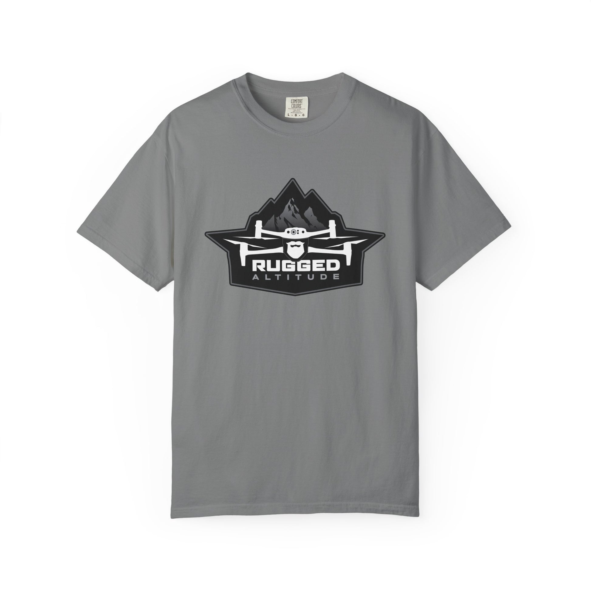 Gray Printify t-shirt with Rugged Altitude drone logo for deer recovery services