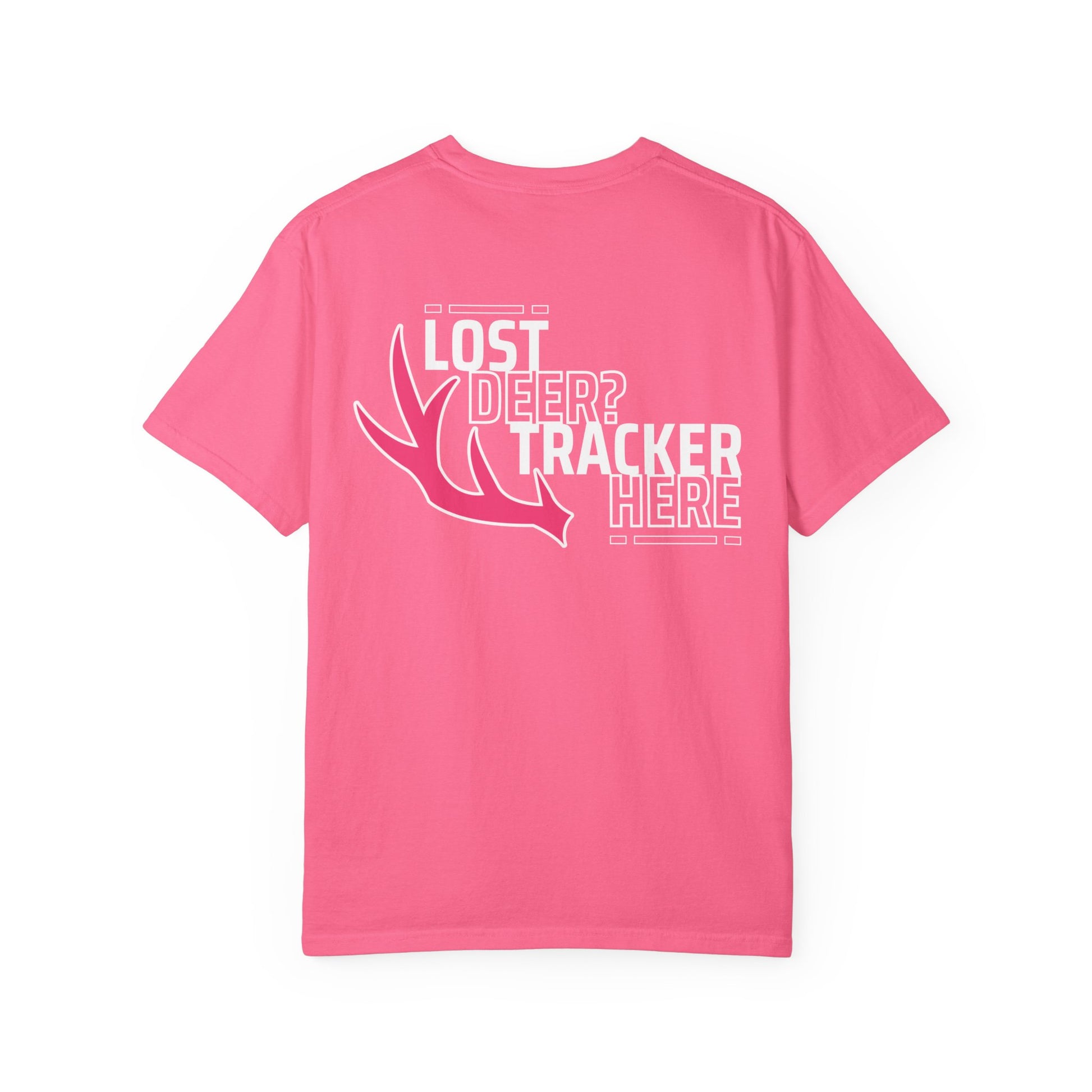 Pink Printify T-Shirt with deer antler graphic and text lost deer tracker here for deer recovery services