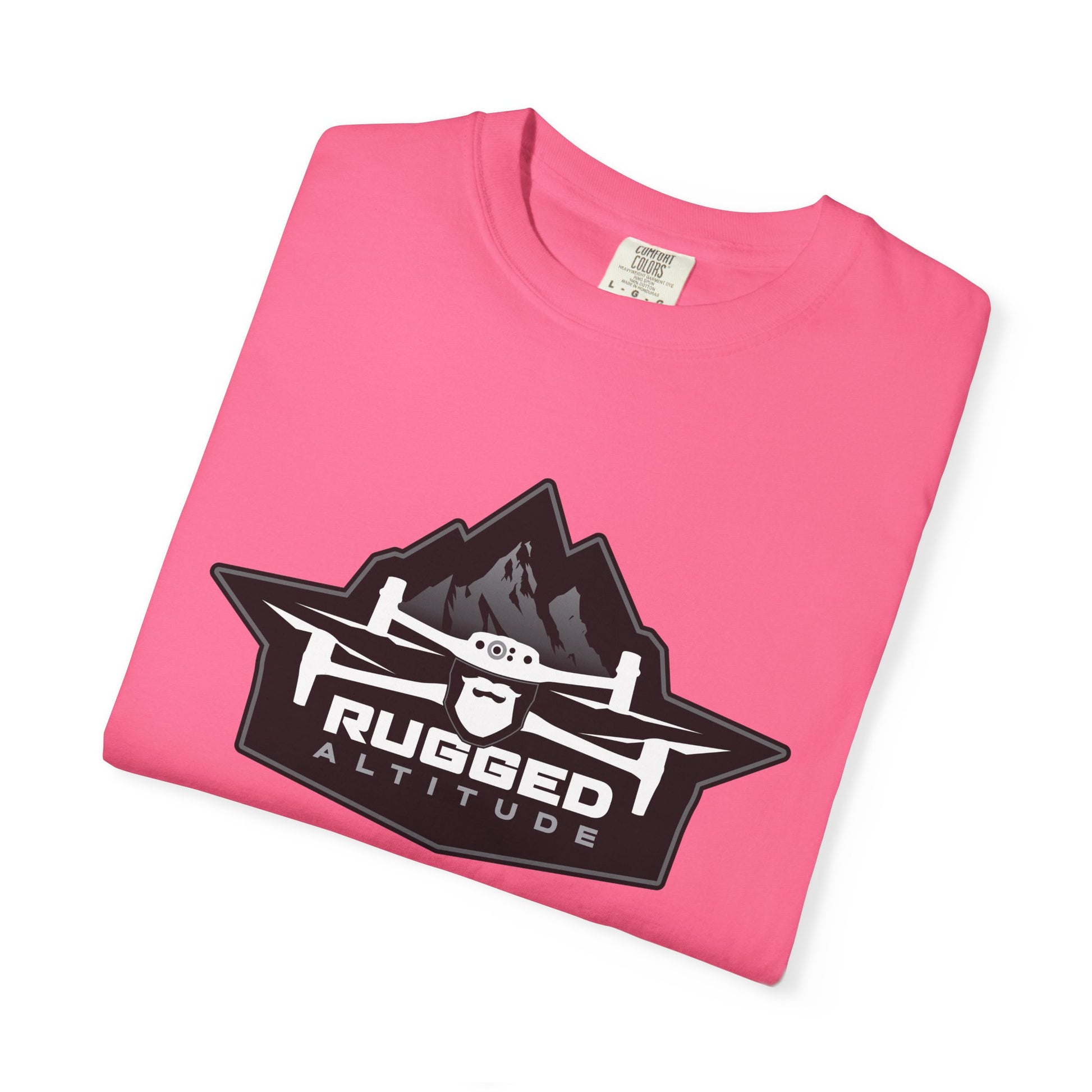 Pink Printify T-shirt with Rugged Altitude drone logo for deer recovery services