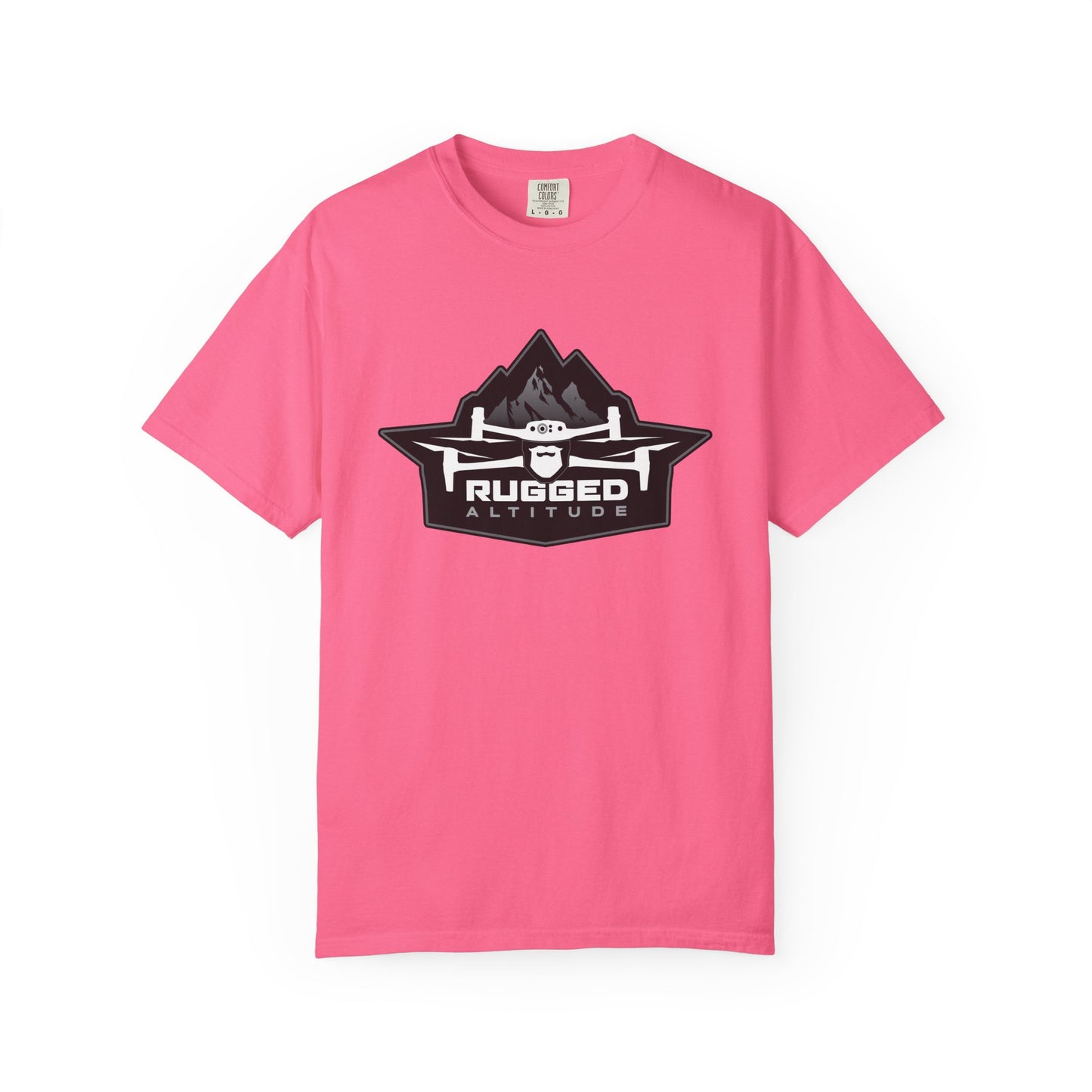 Pink Printify T-shirt with rugged altitude drone logo for deer recovery services