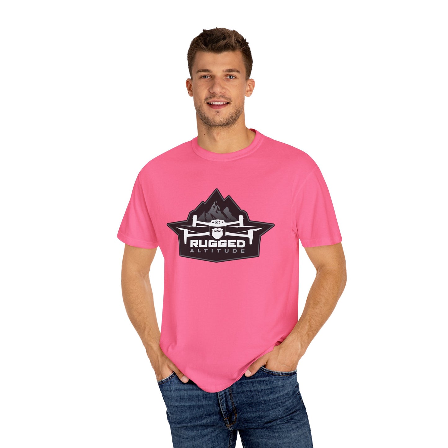 Pink Printify T-Shirt with rugged altitude logo worn by man promoting deer recovery services
