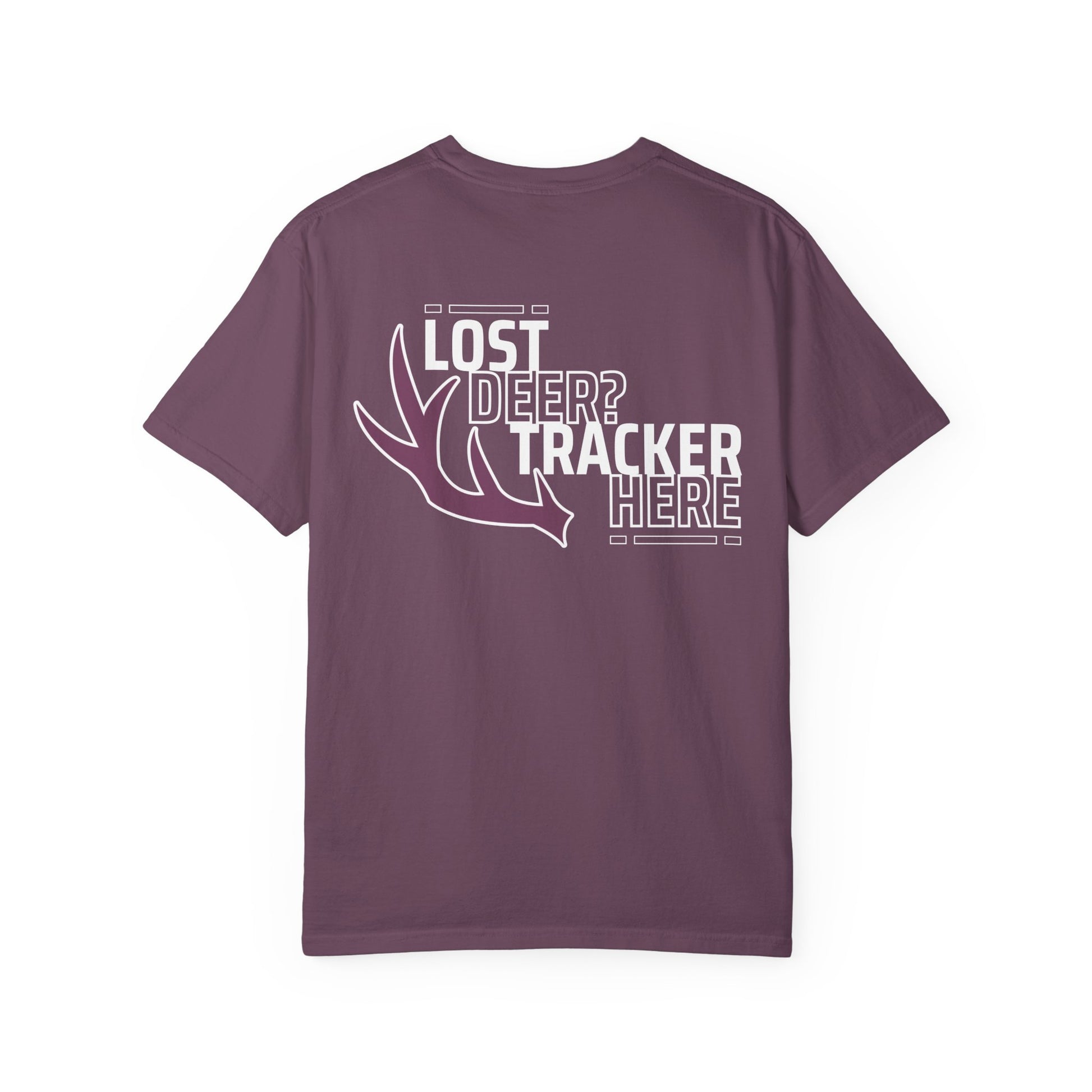 Purple Printify t-shirt with white deer antler graphic and lost deer tracker text for deer recovery services