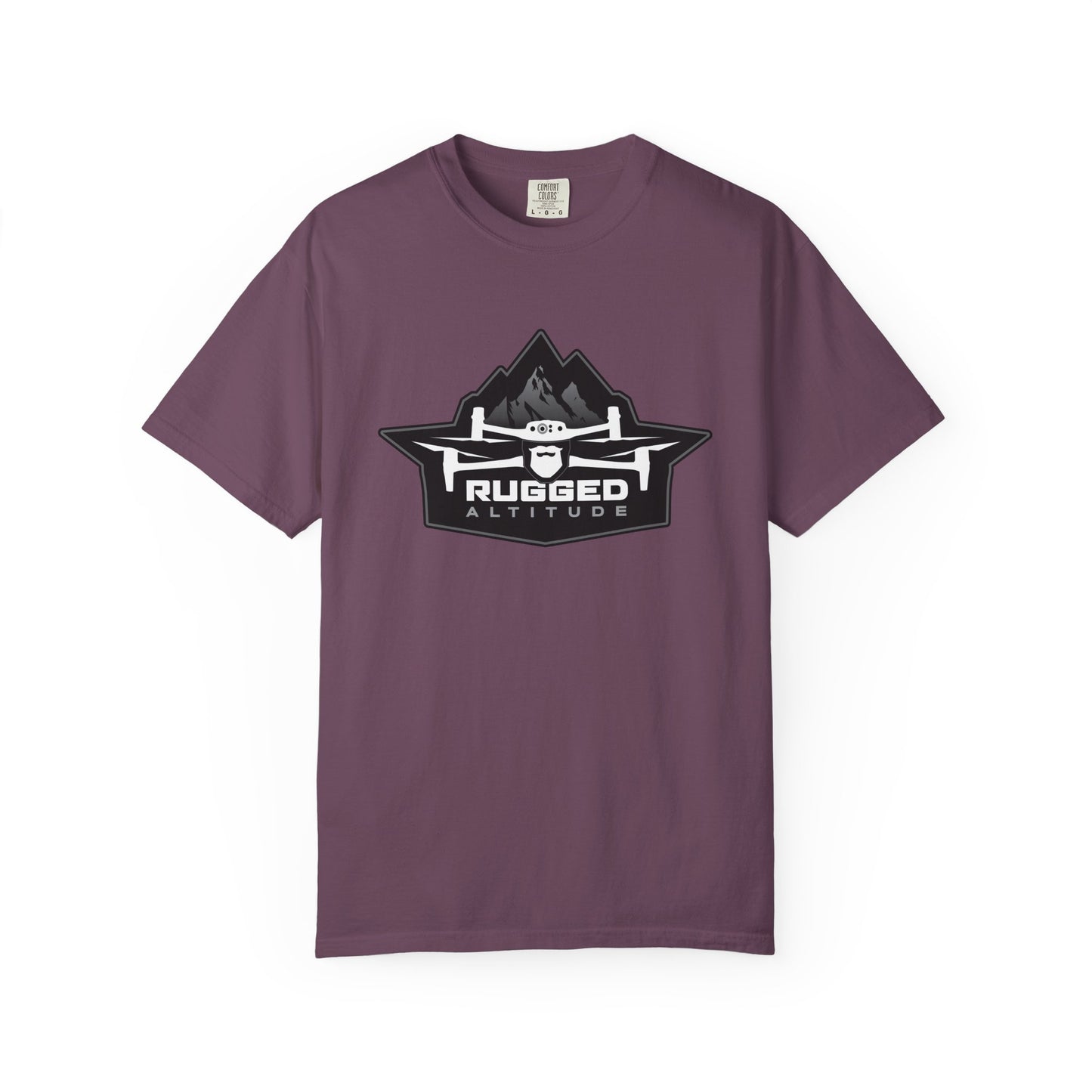 Printify purple t-shirt with rugged altitude drone logo design for deer recovery services