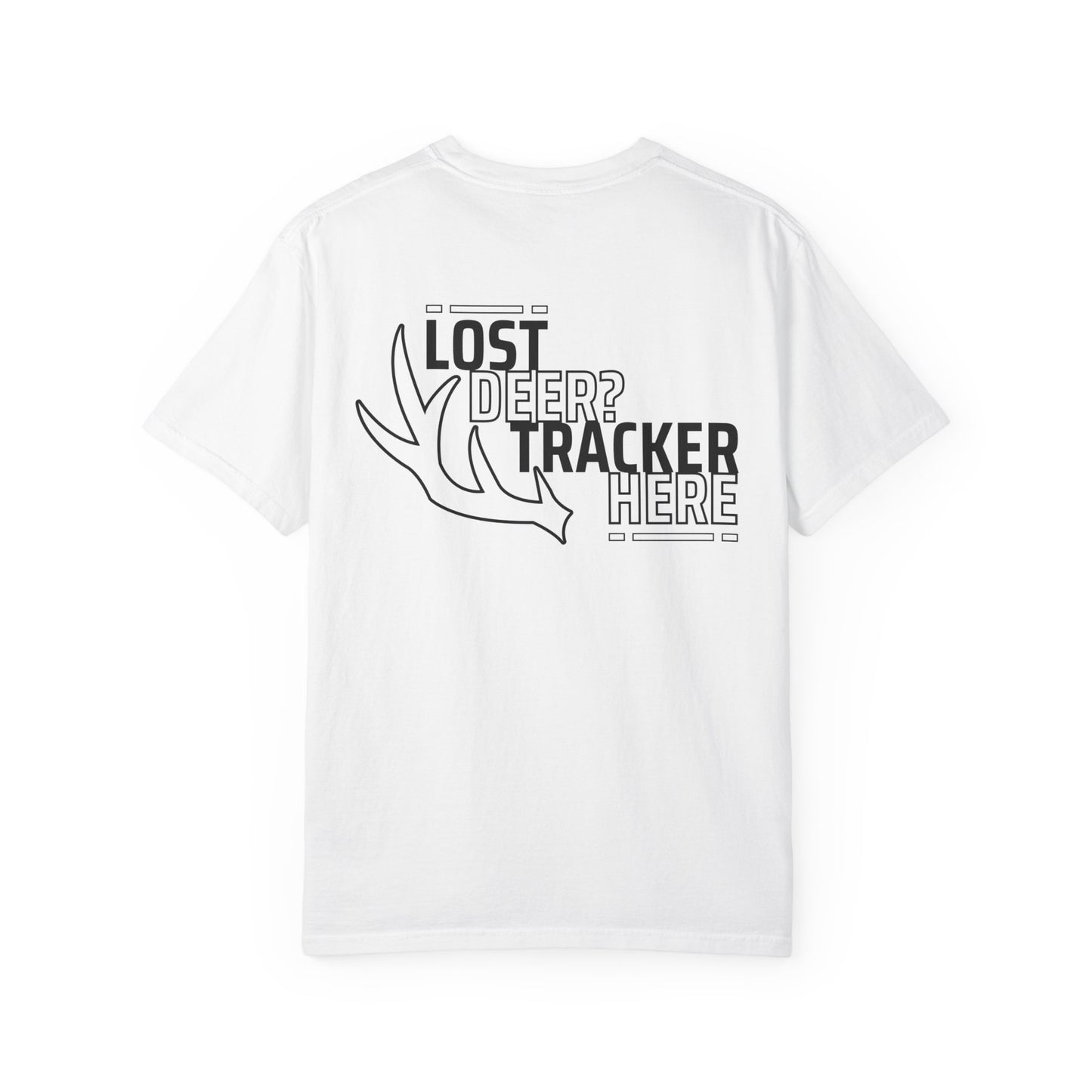 White Printify T-Shirt with lost deer tracker and deer antler graphic for deer recovery services